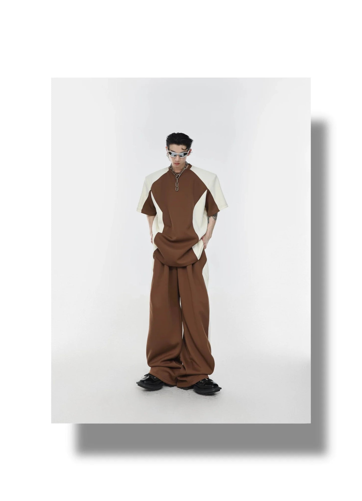 Color Blocking Shoulder Pad Short Sleeve Casual T-Shirt and Sports Set