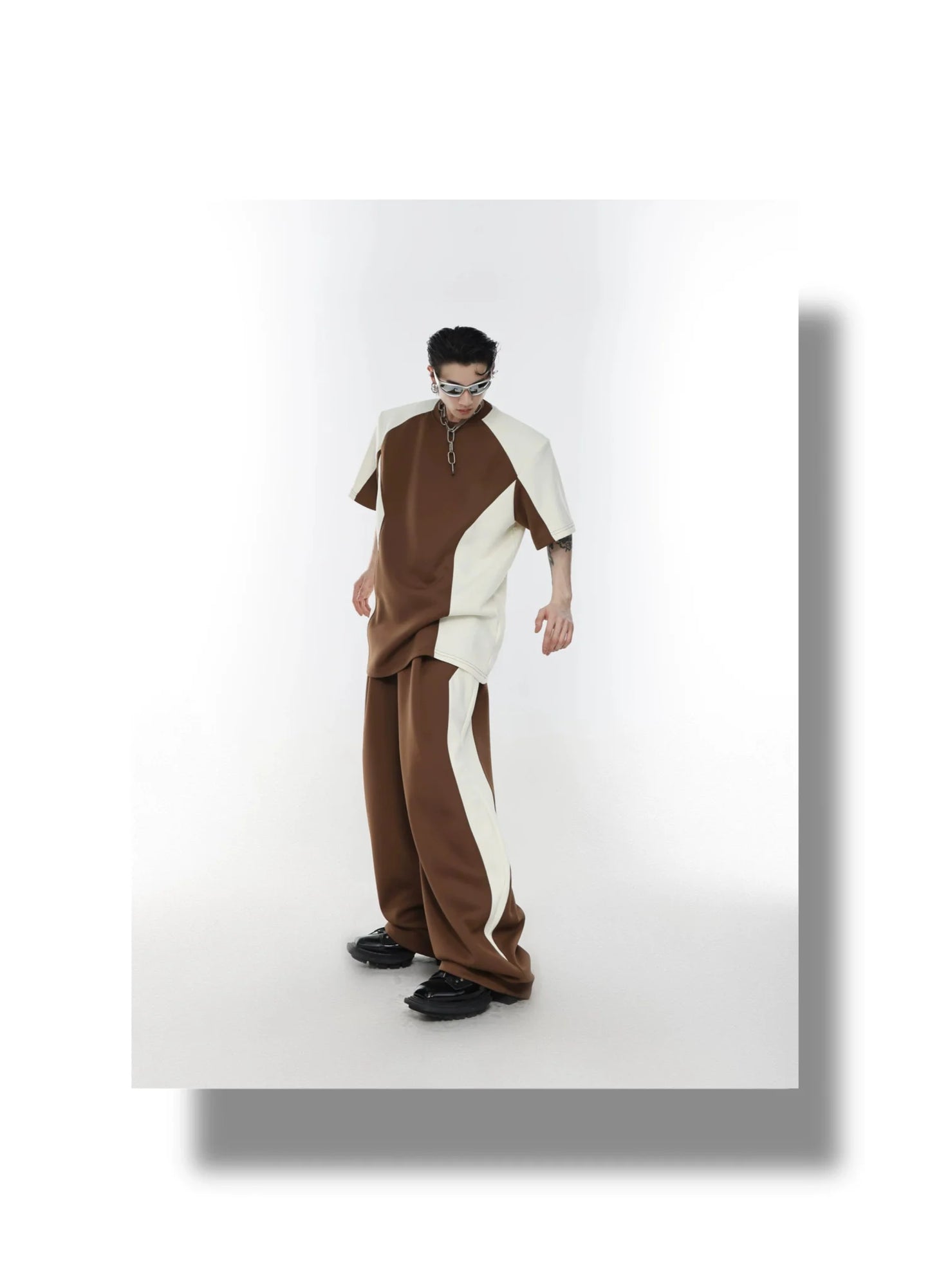 Color Blocking Shoulder Pad Short Sleeve Casual T-Shirt and Sports Set