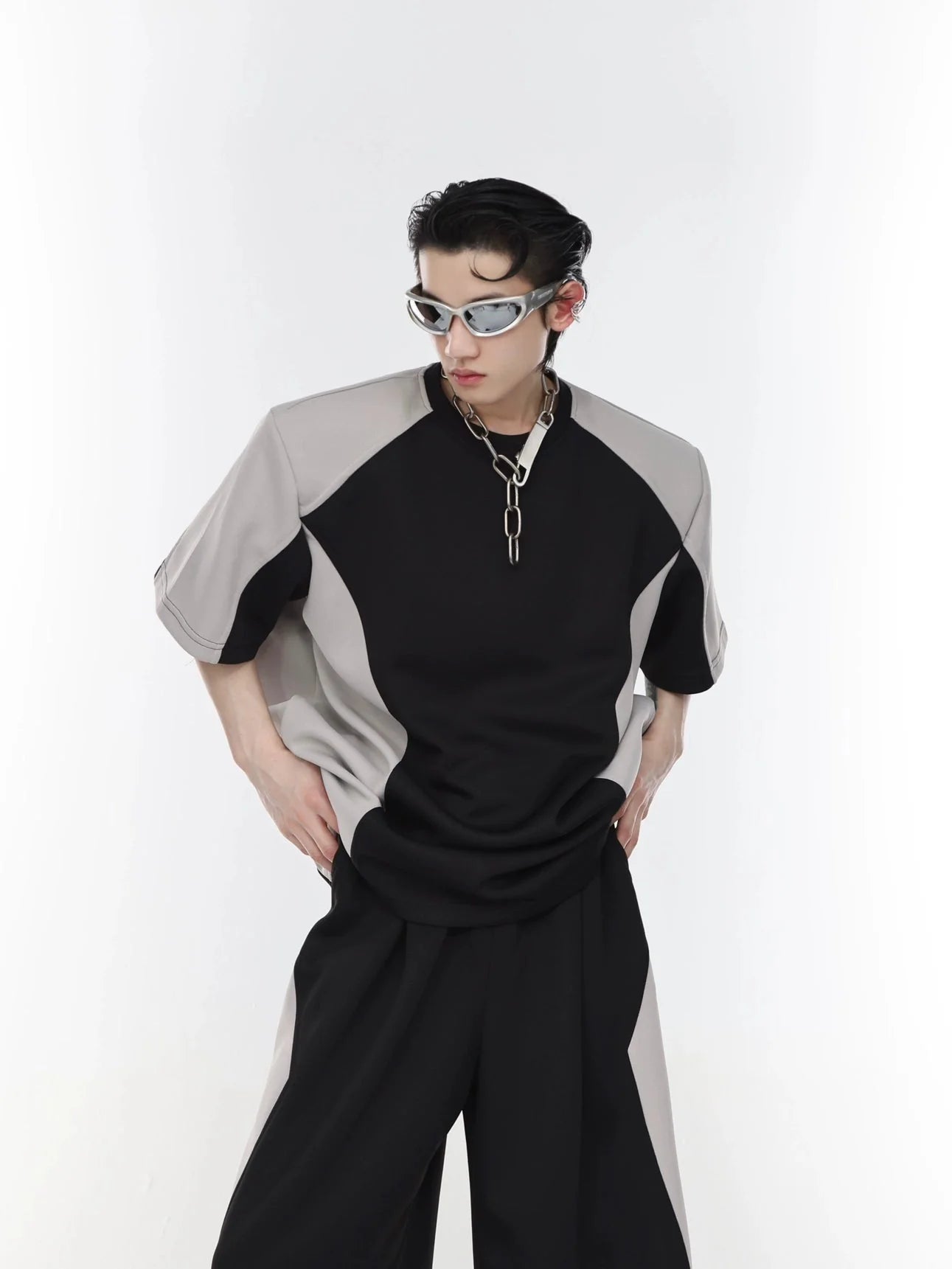 Color Blocking Shoulder Pad Short Sleeve Casual T-Shirt and Sports Set