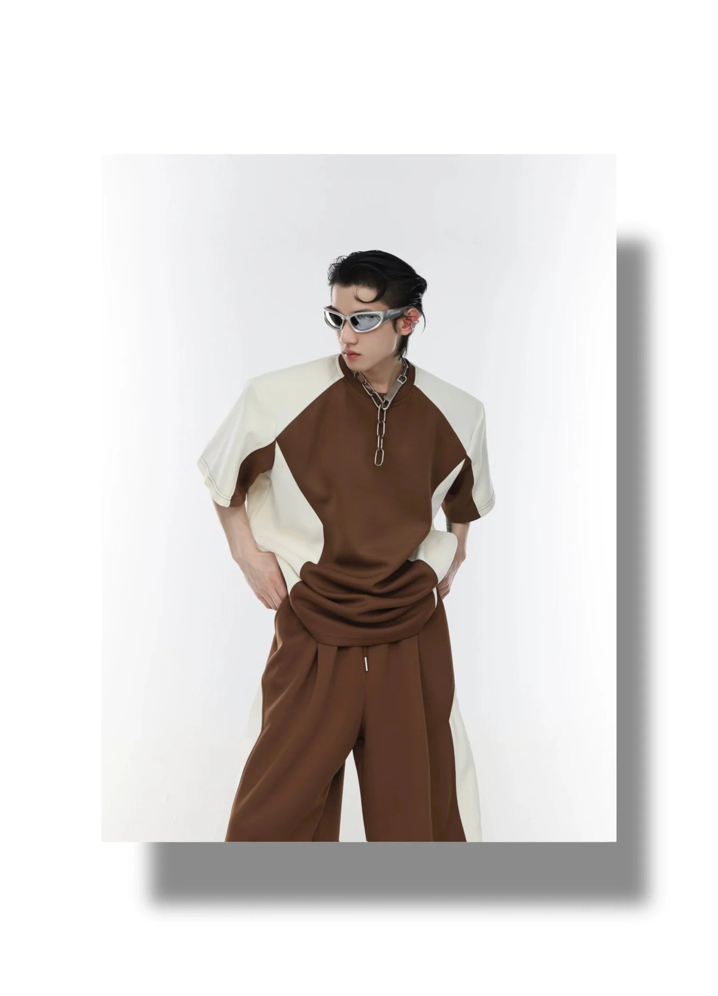 Color Blocking Shoulder Pad Short Sleeve Casual T-Shirt and Sports Set