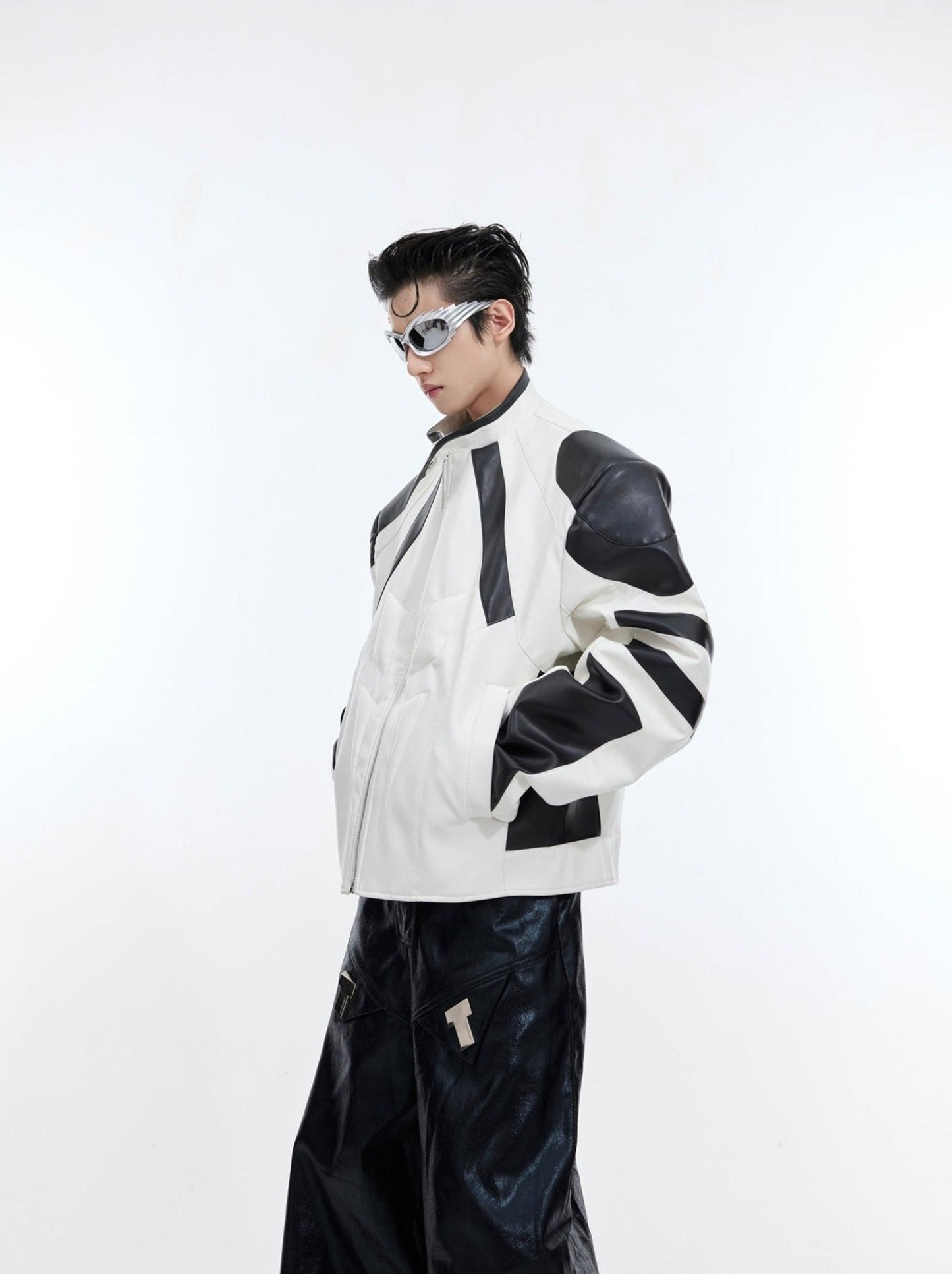 Contrast Patchwork Leather Jacket | Embossed Biker Gear for Men