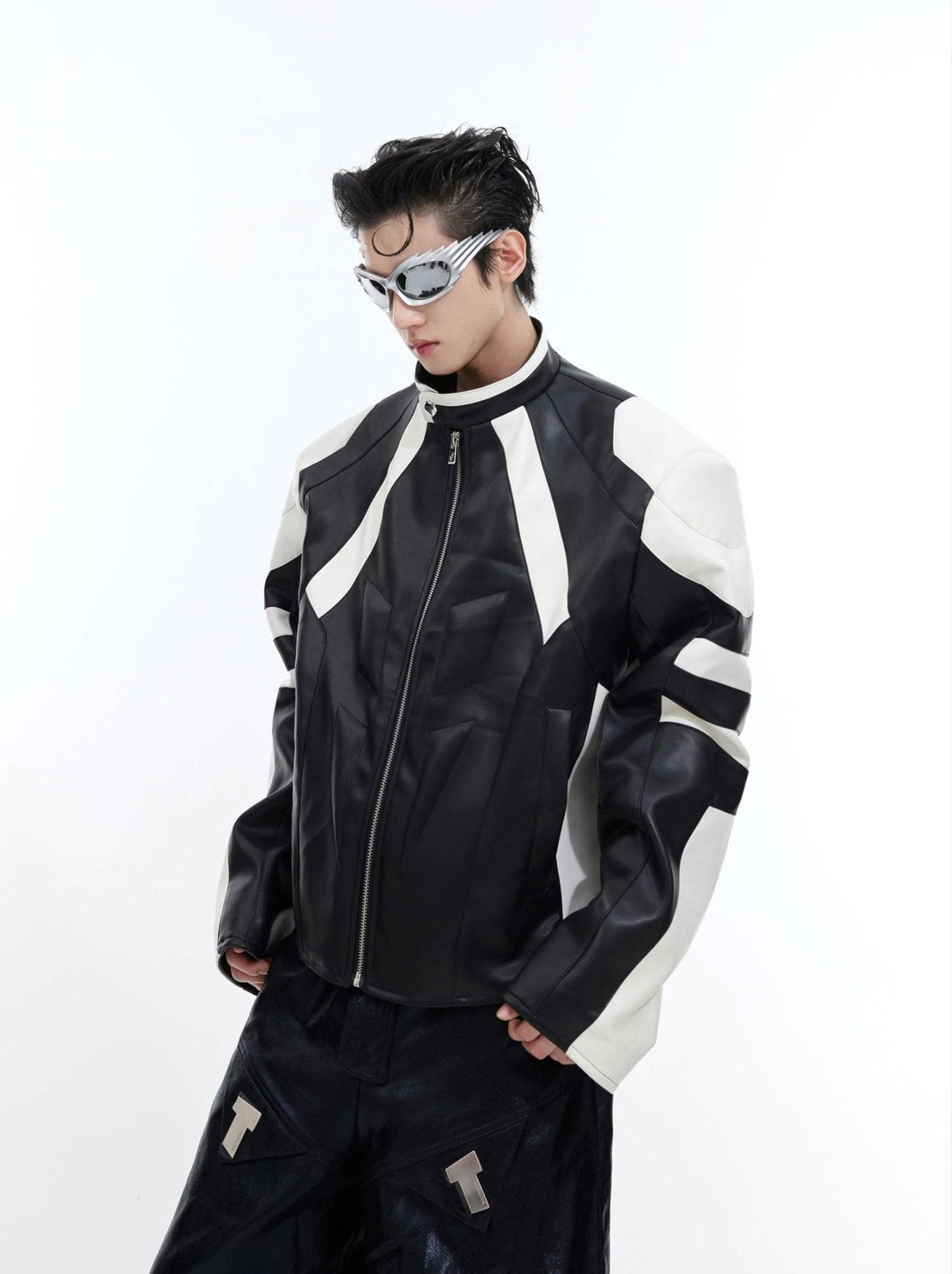 Contrast Patchwork Leather Jacket | Embossed Biker Gear for Men