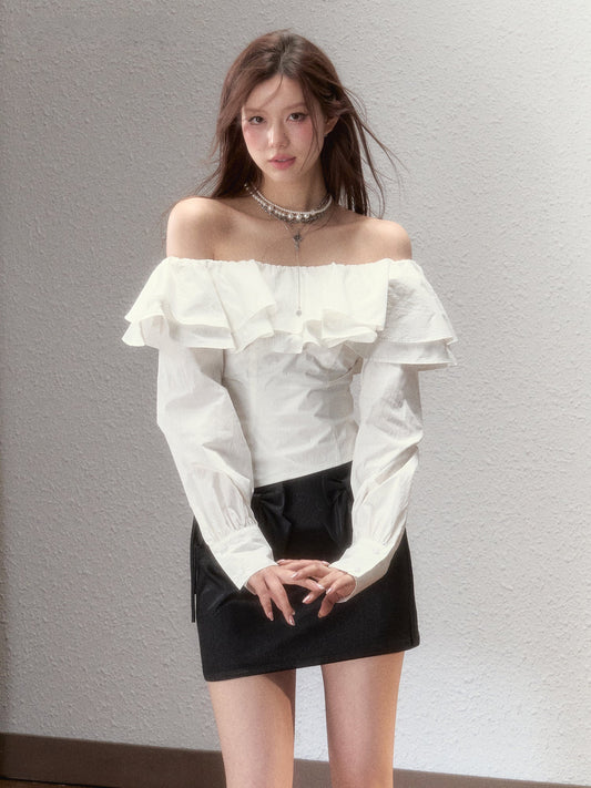 White Ruffled Edge Off-shoulder Blouse