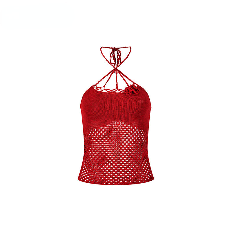 Rose Knitted Hollow Out Spaghetti Strap Tank Top