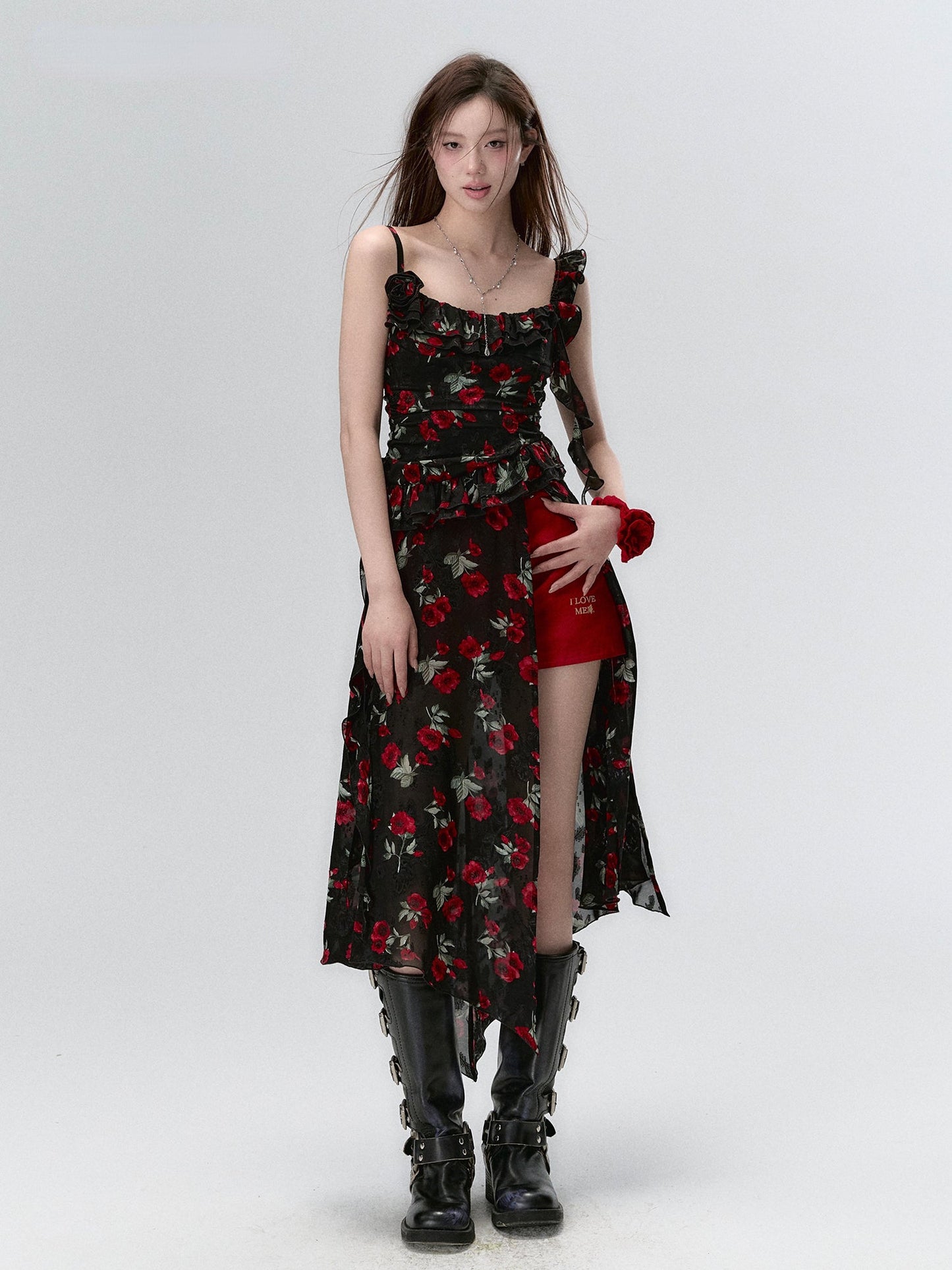 Detachable Square Neck Floral Midi Dress