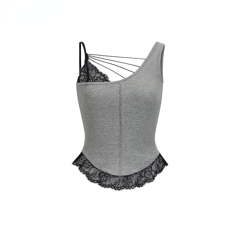 Oak Ash Asymmetrical Shoulder Lace Trim Camisole