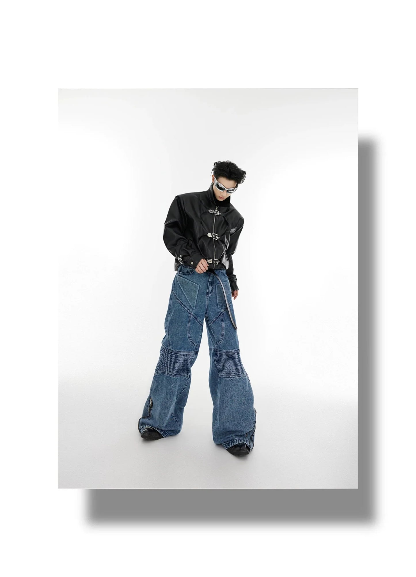 Deconstruct Geometric Washed Pleated Flare Jeans with Zipper Split