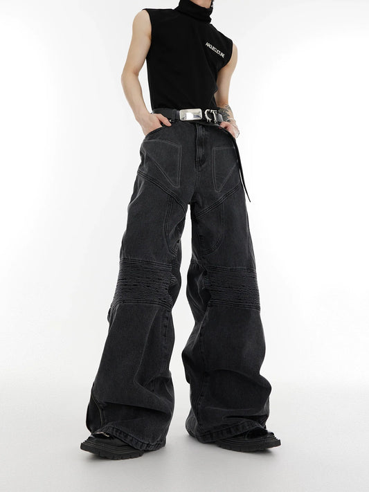 Deconstruct Geometric Washed Pleated Flare Jeans with Zipper Split