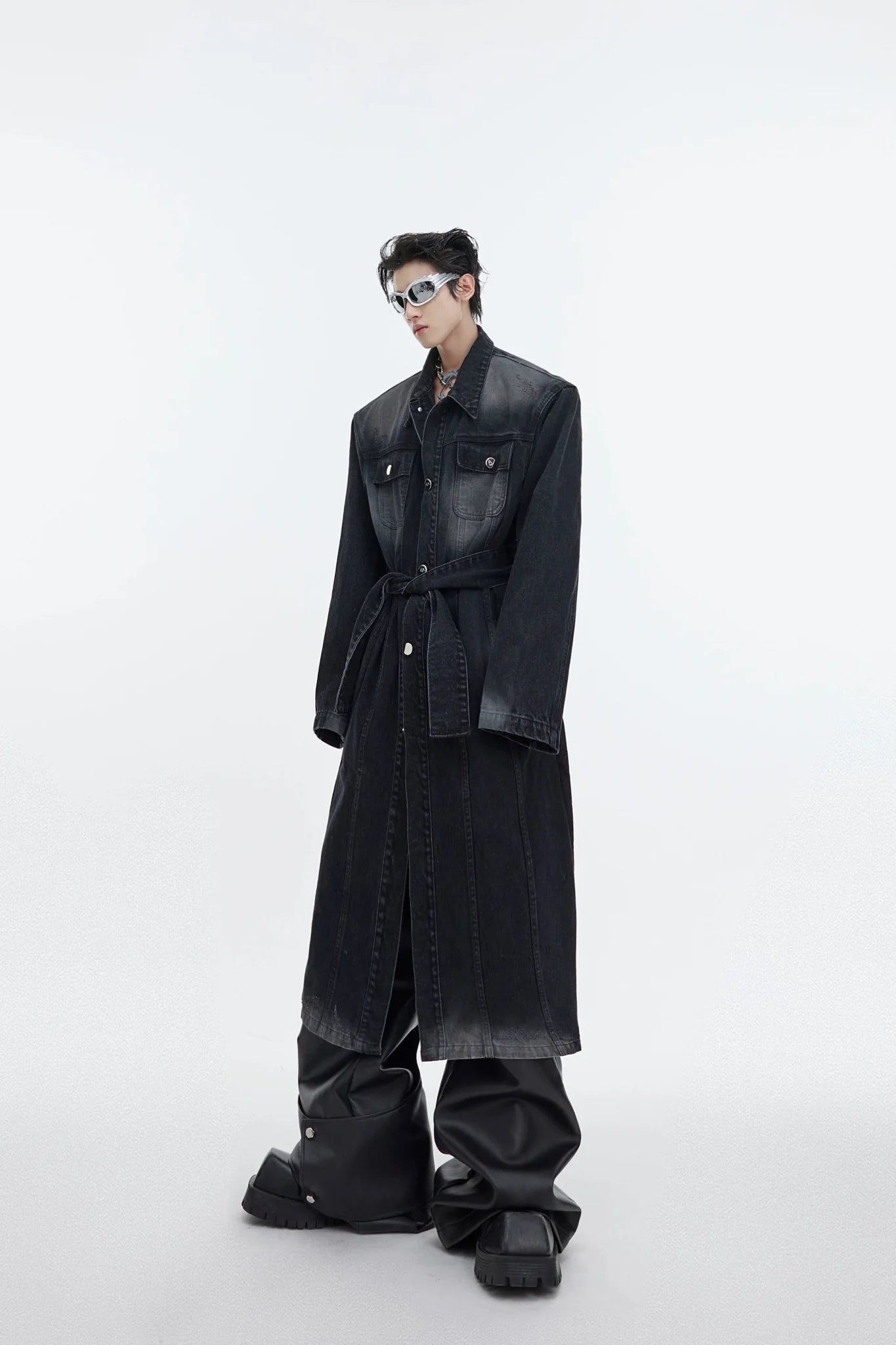 Deconstructed Aged Wash Long Denim Coat | Over-Knee Trench with Line Design