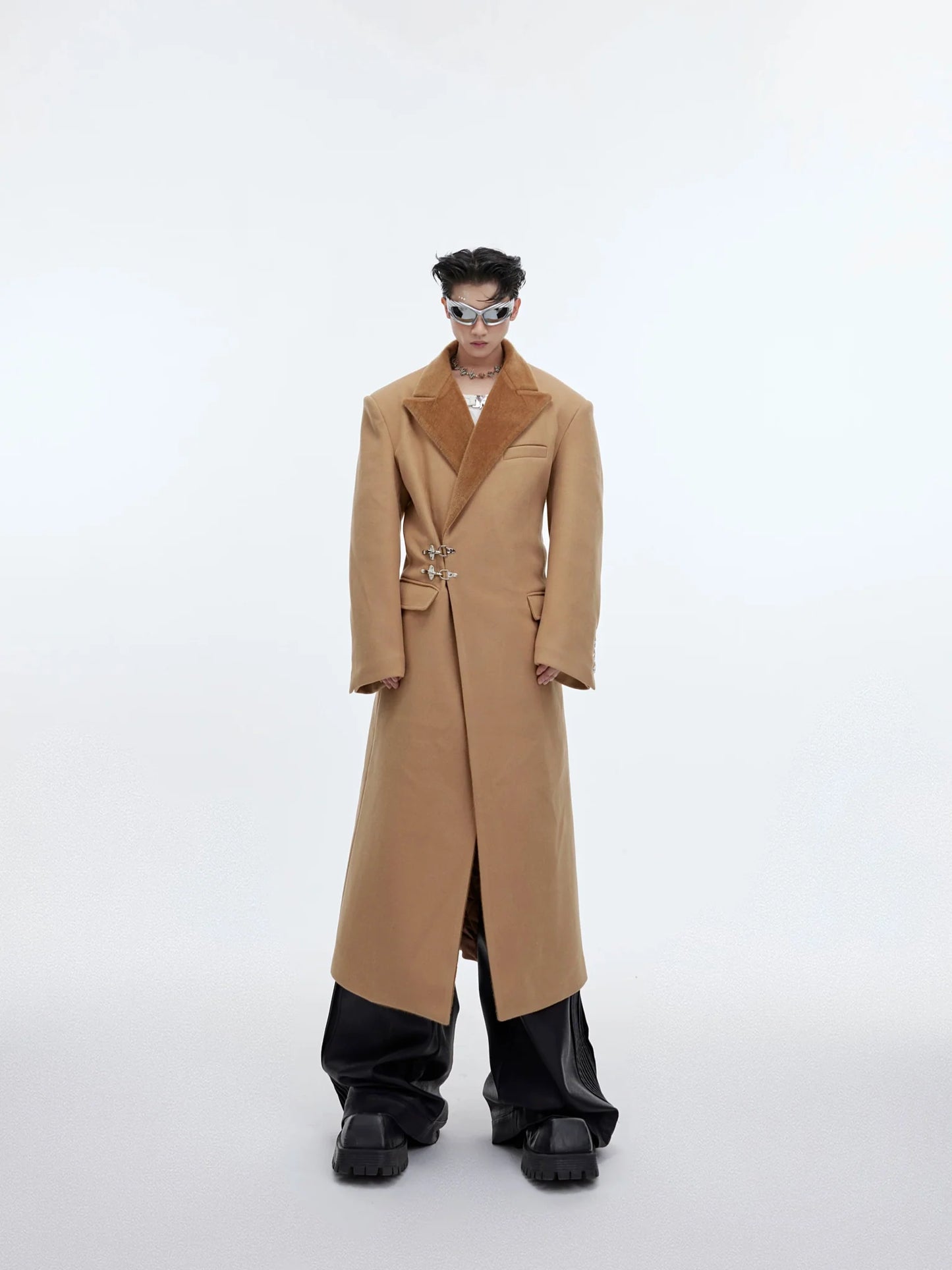 Deconstructed Cinched Woolen Coat | Metallic Buckle Long Overcoat