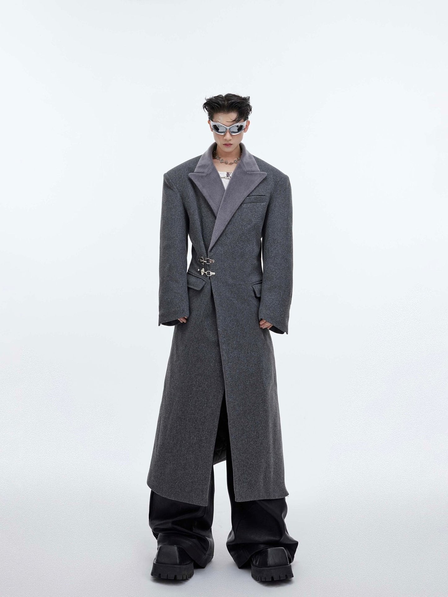 Deconstructed Cinched Woolen Coat | Metallic Buckle Long Overcoat