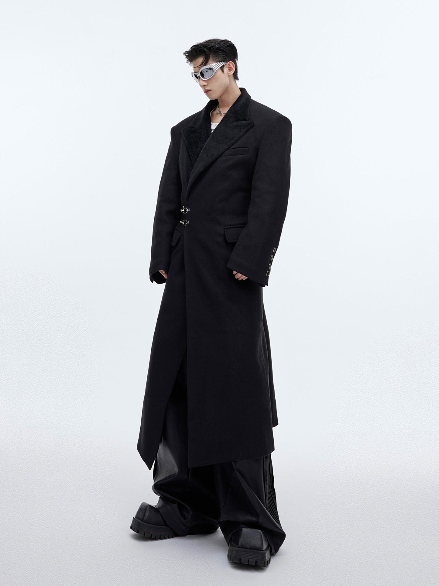 Deconstructed Cinched Woolen Coat | Metallic Buckle Long Overcoat