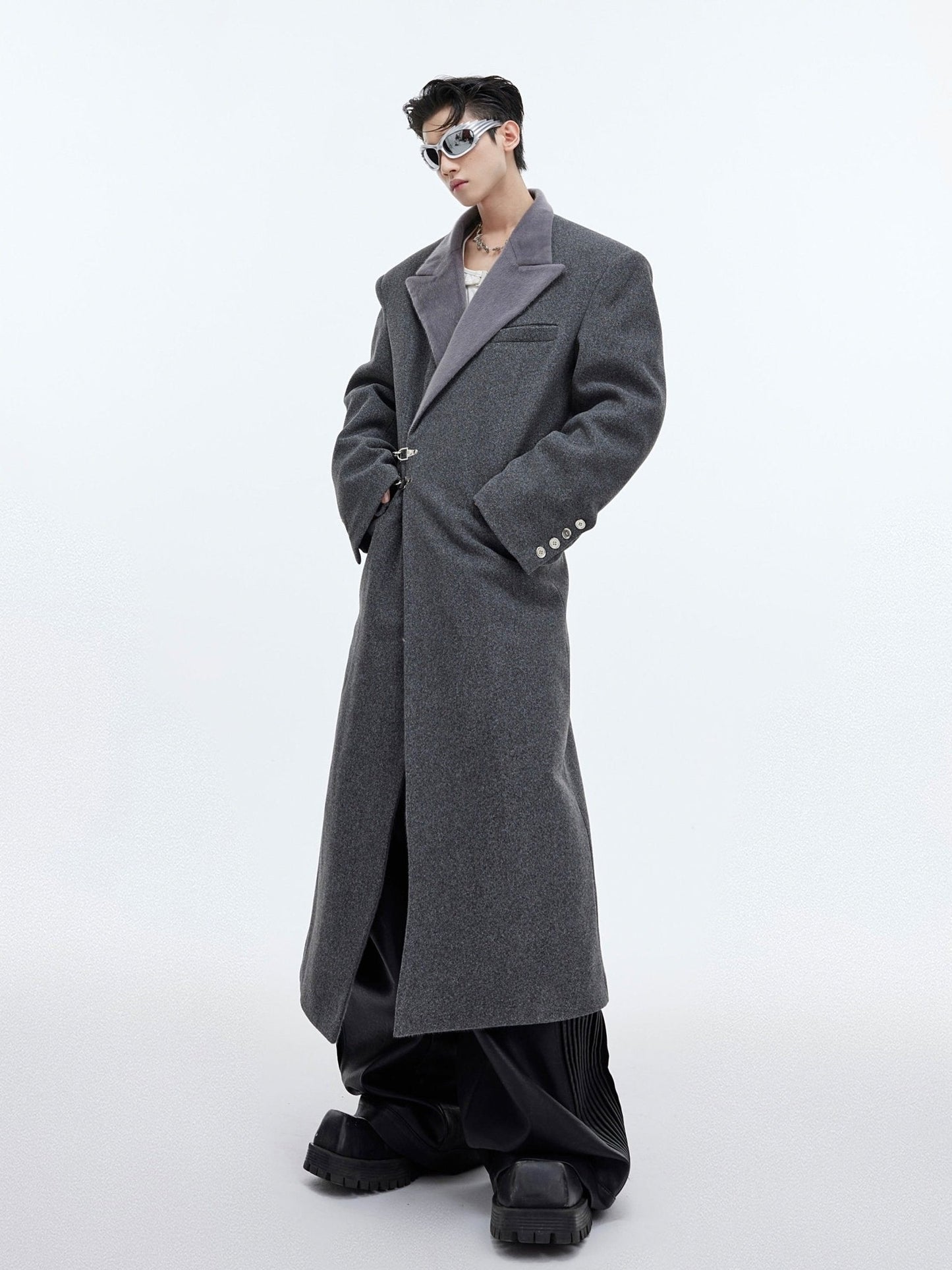 Deconstructed Cinched Woolen Coat | Metallic Buckle Long Overcoat