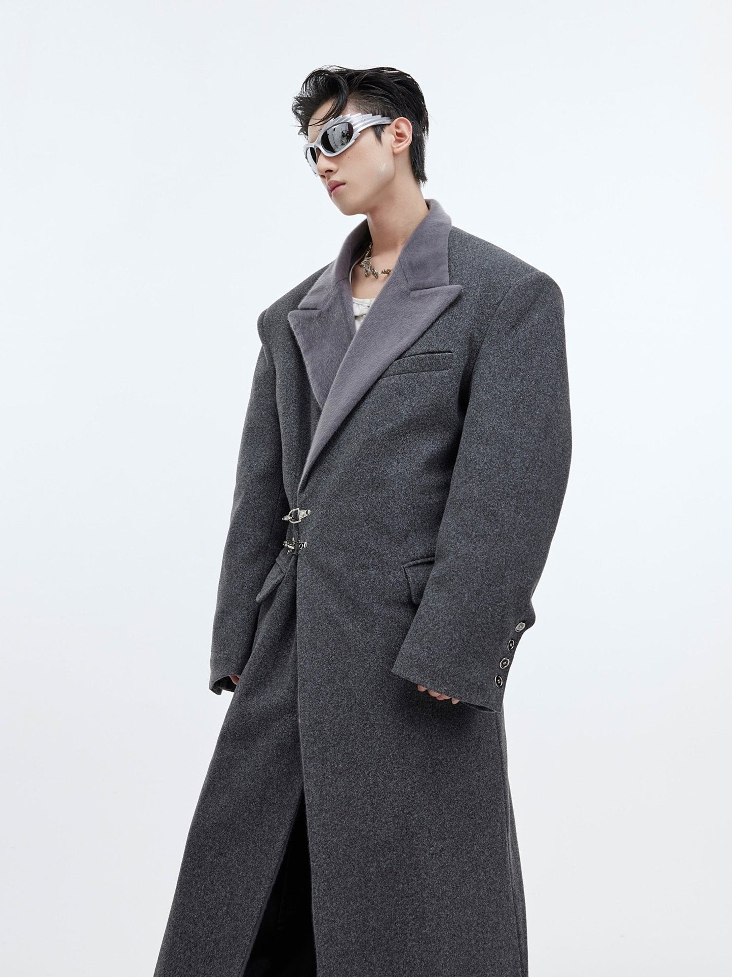 Deconstructed Cinched Woolen Coat | Metallic Buckle Long Overcoat