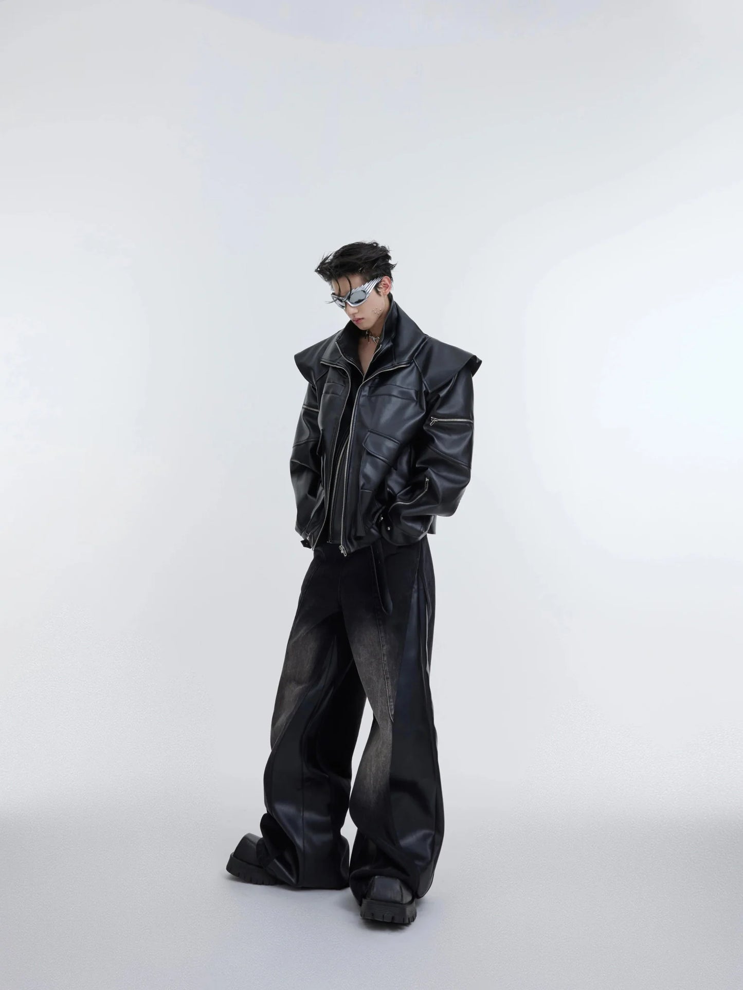 Deconstructed Double-Layer Zip Faux Leather Jacket | Heavyweight Two-Piece Biker Coat