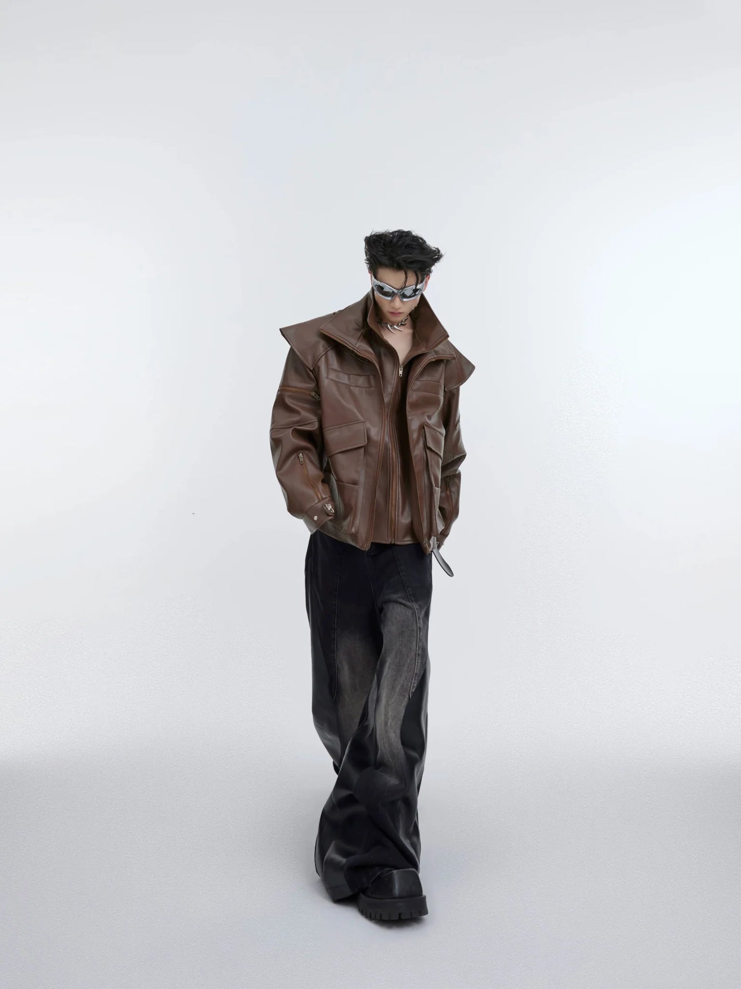 Deconstructed Double-Layer Zip Faux Leather Jacket | Heavyweight Two-Piece Biker Coat