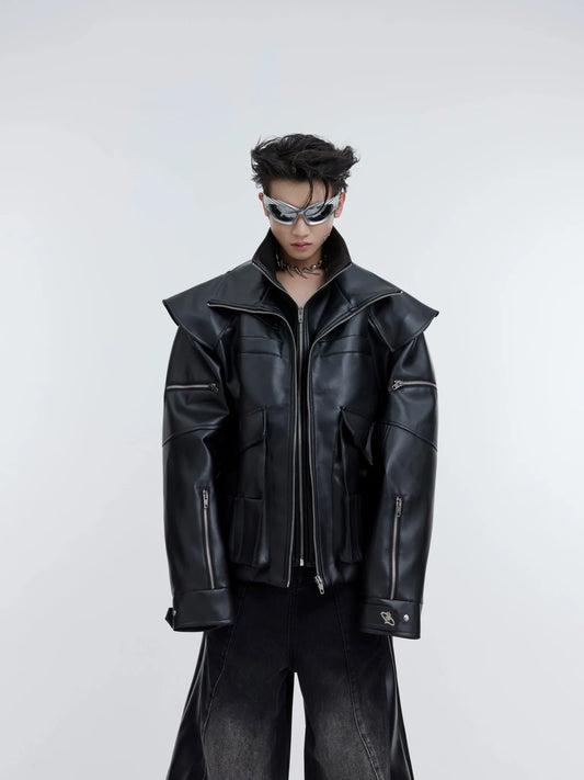 Deconstructed Double-Layer Zip Faux Leather Jacket | Heavyweight Two-Piece Biker Coat