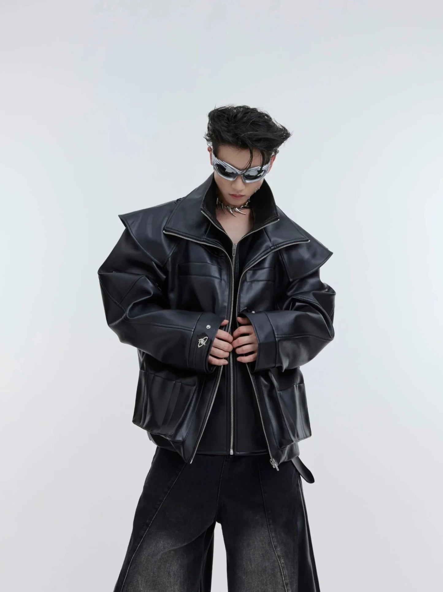 Deconstructed Double-Layer Zip Faux Leather Jacket | Heavyweight Two-Piece Biker Coat