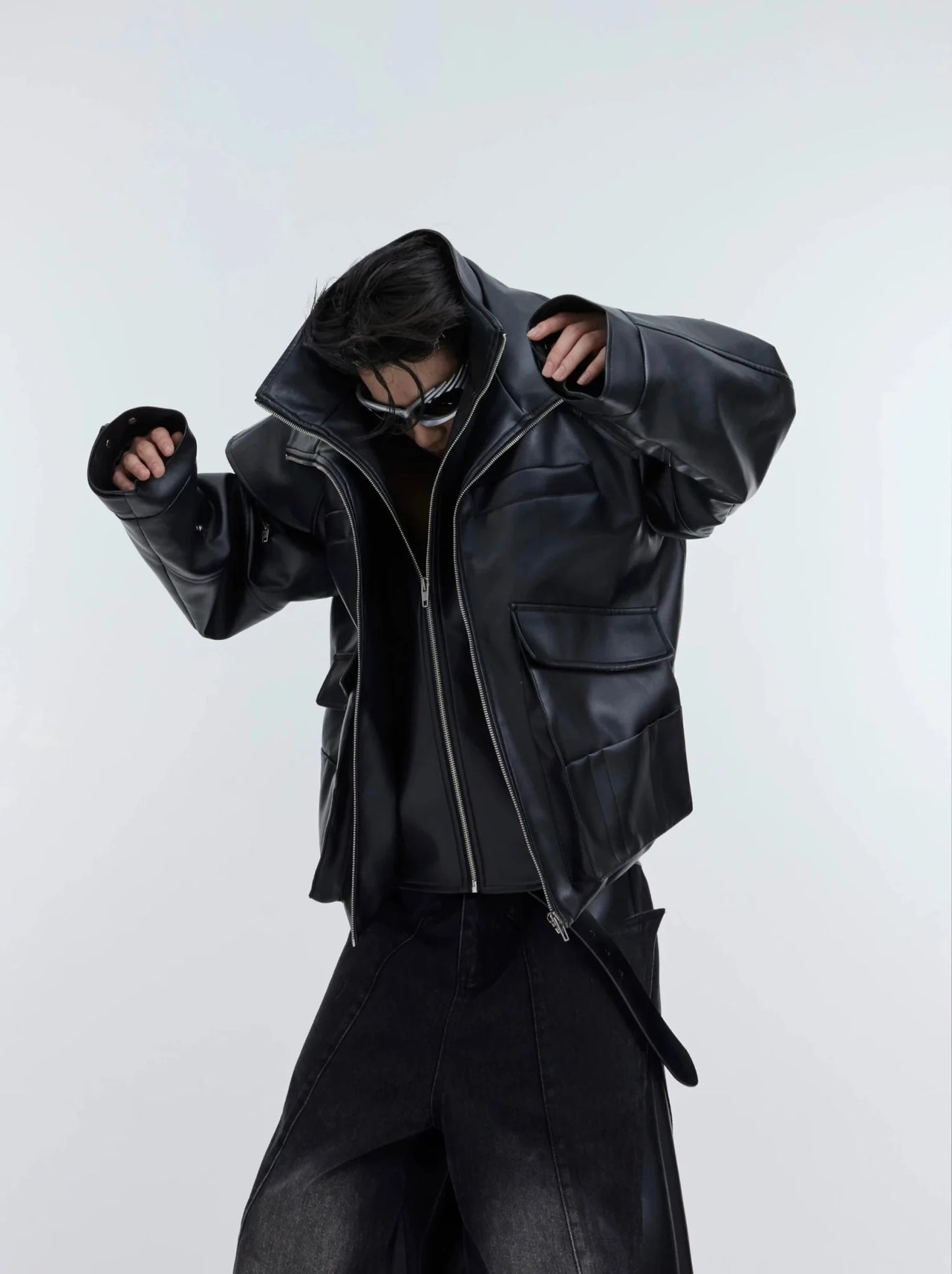 Deconstructed Double-Layer Zip Faux Leather Jacket | Heavyweight Two-Piece Biker Coat