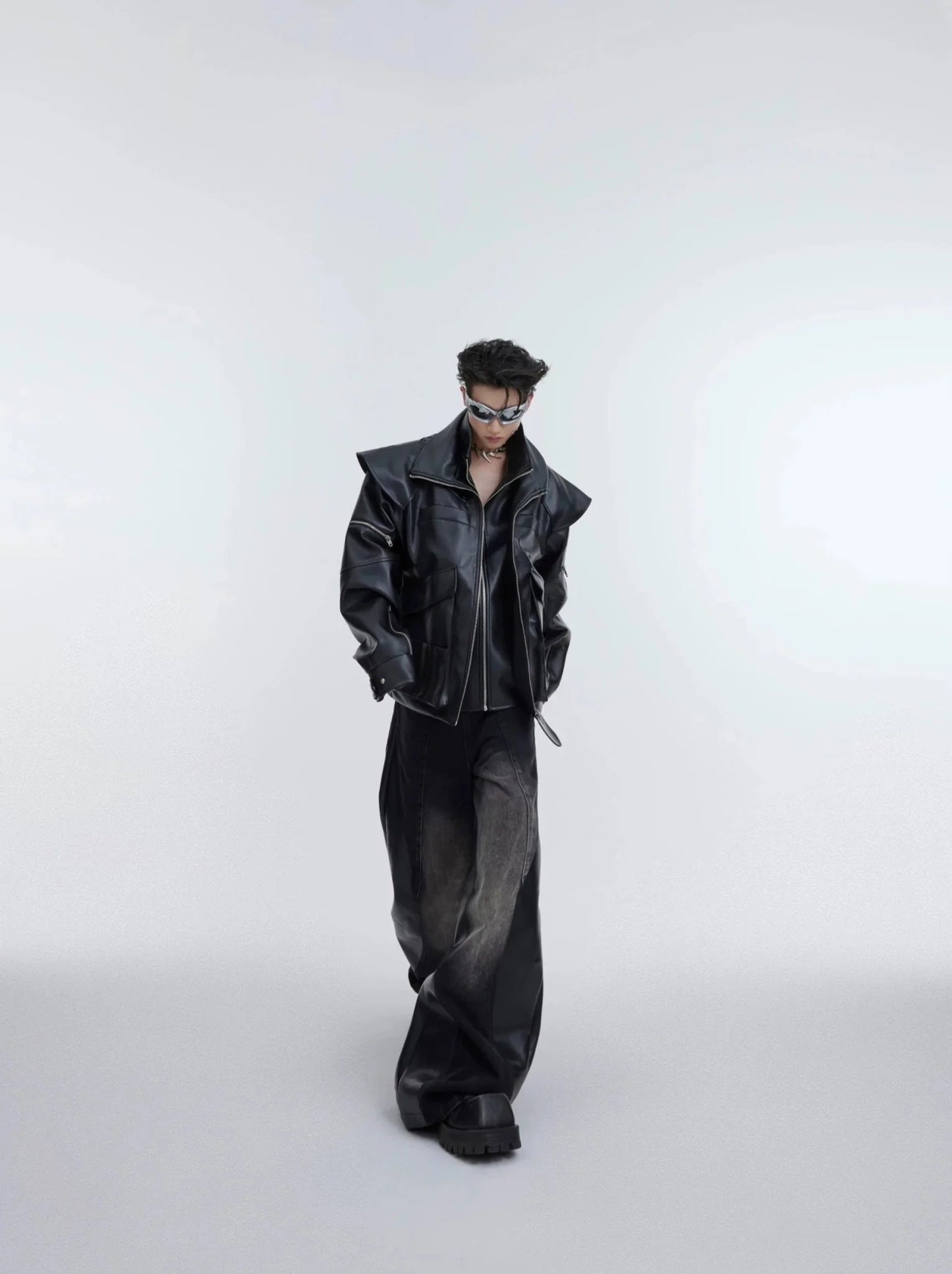 Deconstructed Double-Layer Zip Faux Leather Jacket | Heavyweight Two-Piece Biker Coat