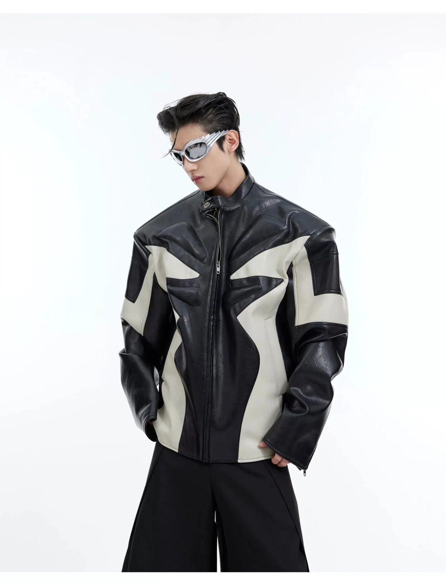 Deconstructed Embossed Design Jacket | Color-Block Short Biker Faux Leather Coat