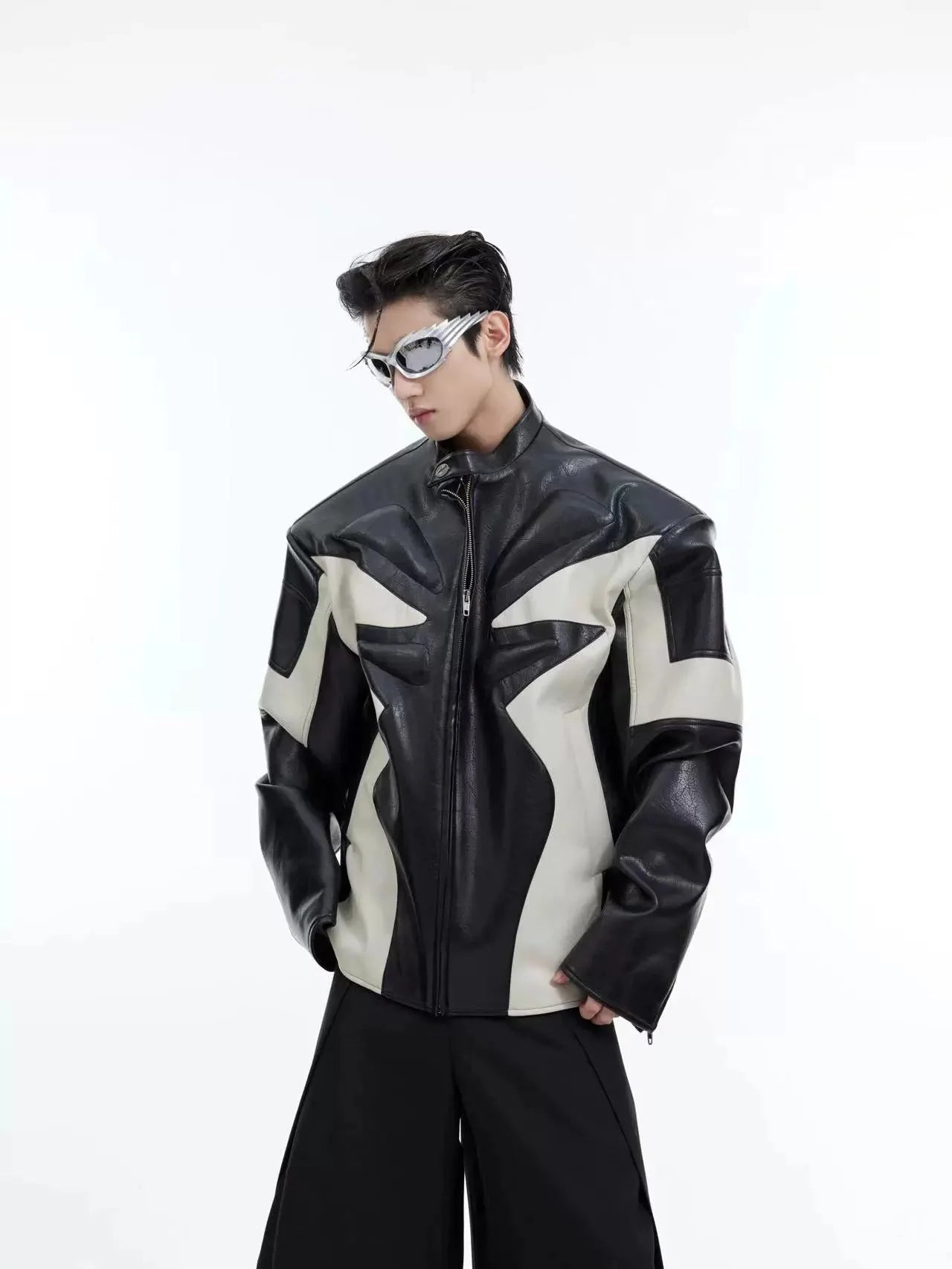 Deconstructed Embossed Design Jacket | Color-Block Short Biker Faux Leather Coat