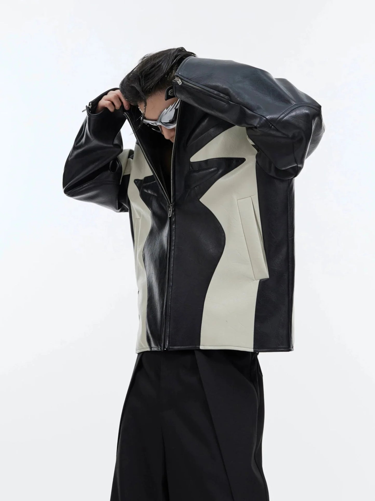 Deconstructed Embossed Design Jacket | Color-Block Short Biker Faux Leather Coat