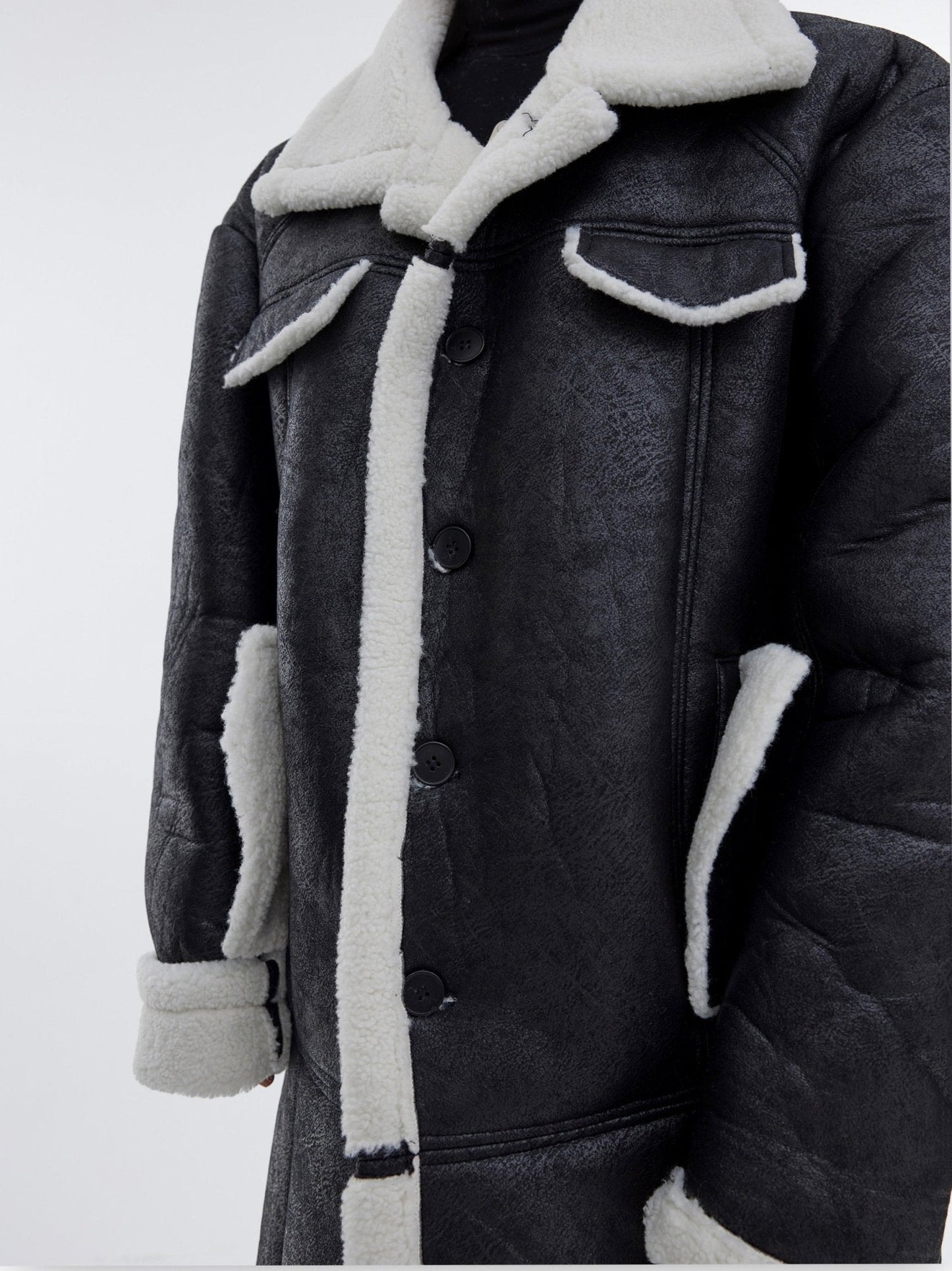 Deconstructed Faux Fur Coat | Textured Longline Overcoat with Sherpa Detail