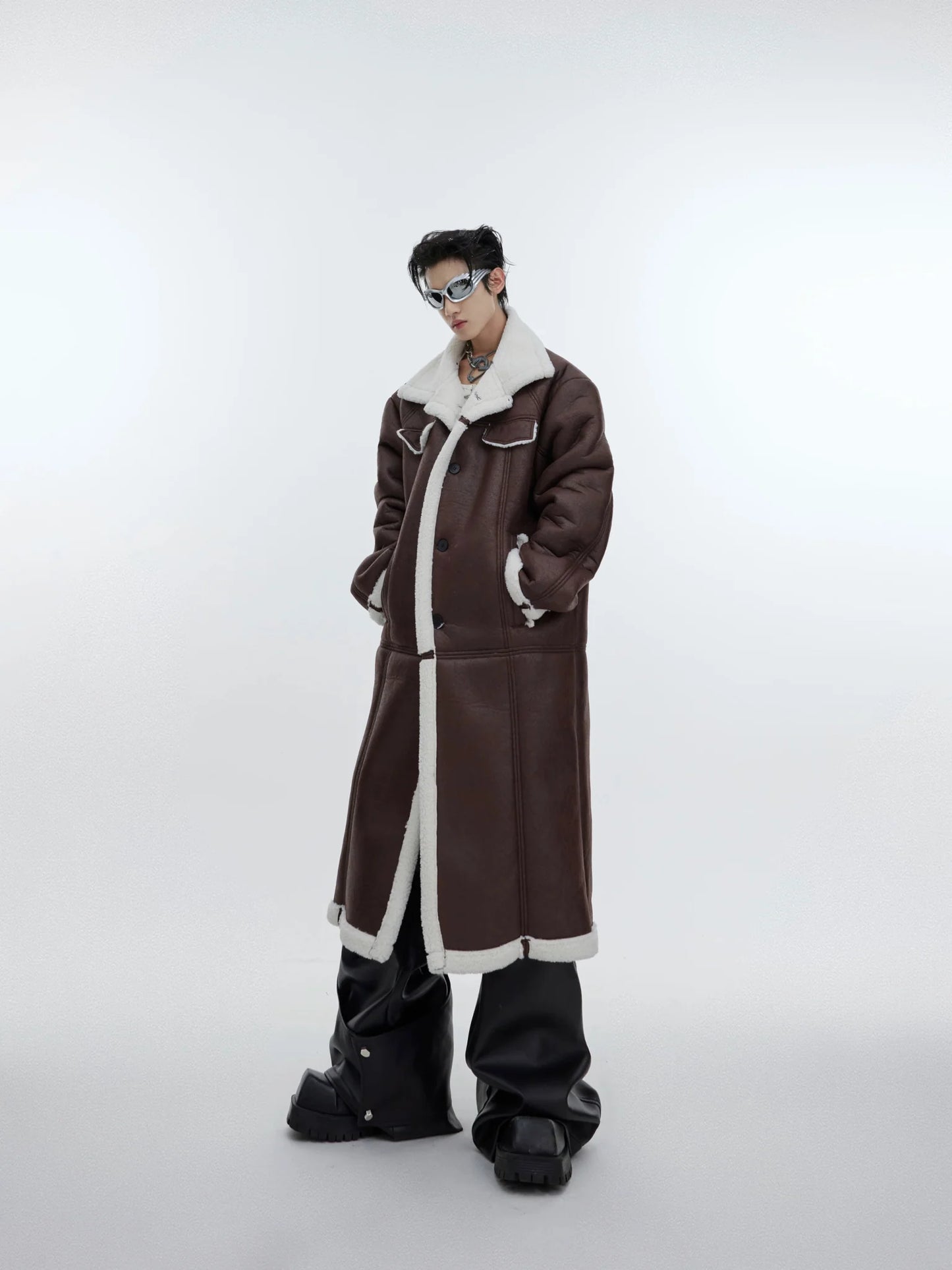 Deconstructed Faux Fur Coat | Textured Longline Overcoat with Sherpa Detail