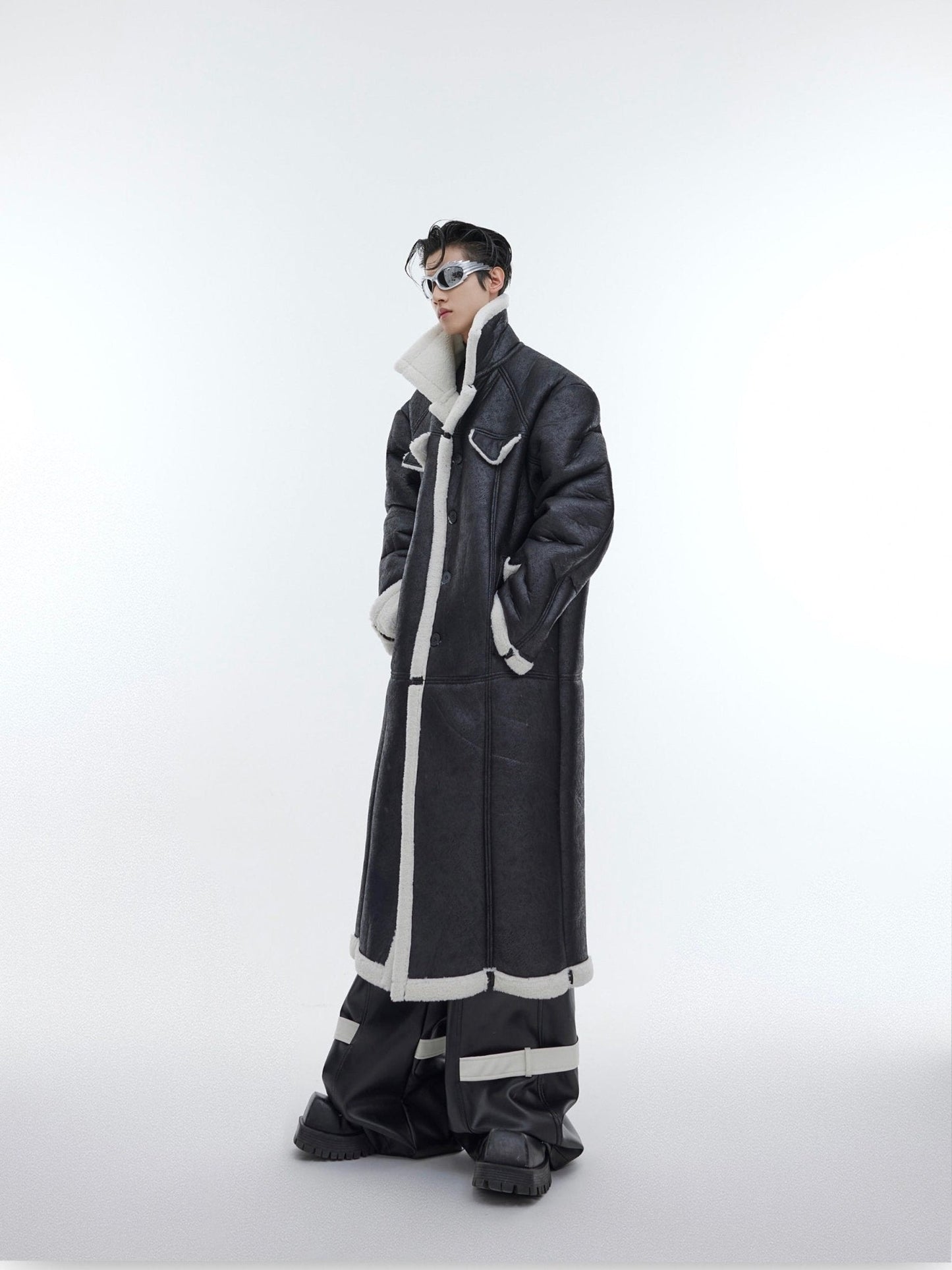 Deconstructed Faux Fur Coat | Textured Longline Overcoat with Sherpa Detail