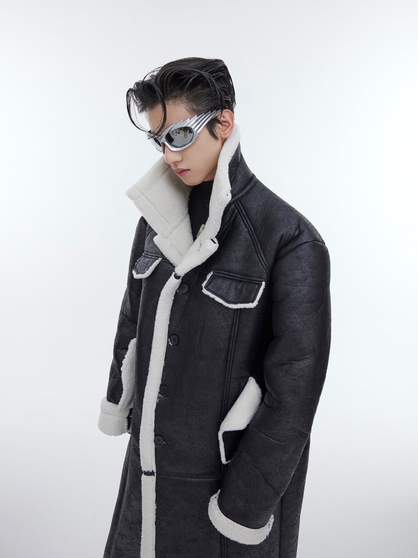 Deconstructed Faux Fur Coat | Textured Longline Overcoat with Sherpa Detail