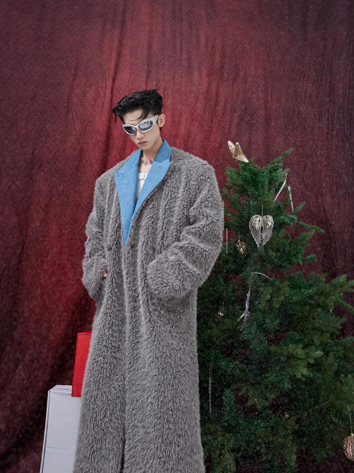 Deconstructed Faux Fur Long Overcoat | Trench Coat with Denim Collar