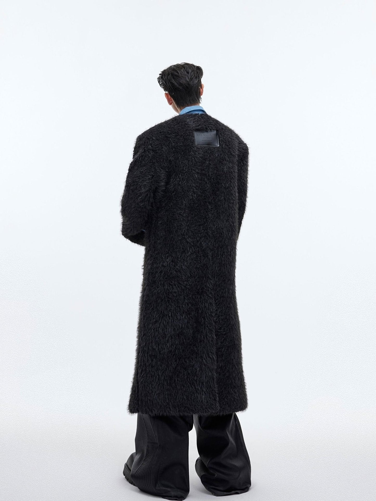 Deconstructed Faux Fur Long Overcoat | Trench Coat with Denim Collar