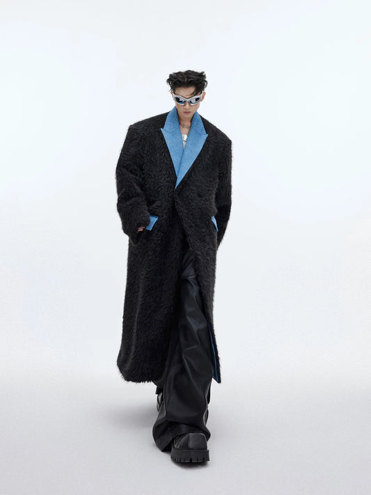 Deconstructed Faux Fur Long Overcoat | Trench Coat with Denim Collar