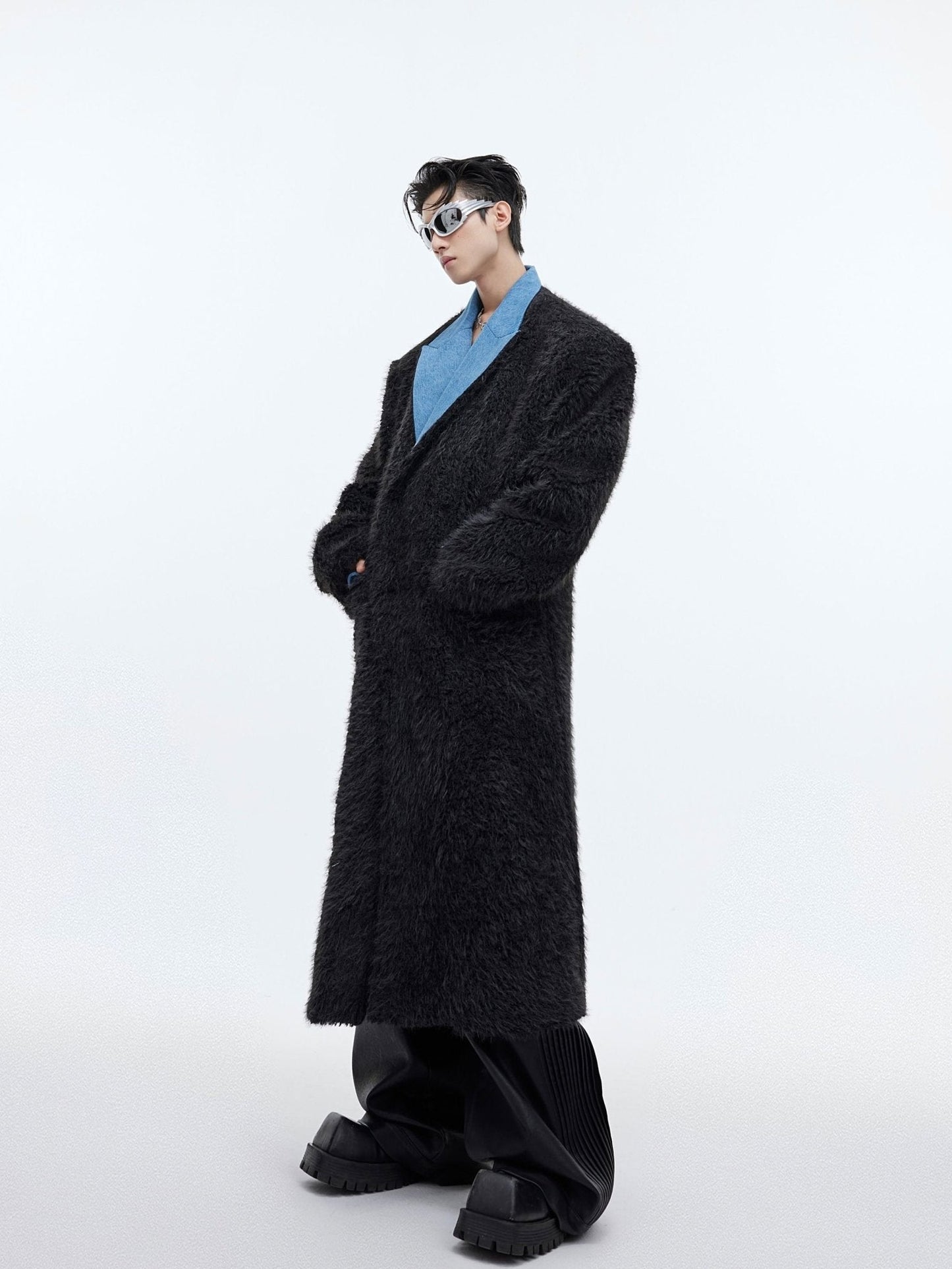 Deconstructed Faux Fur Long Overcoat | Trench Coat with Denim Collar