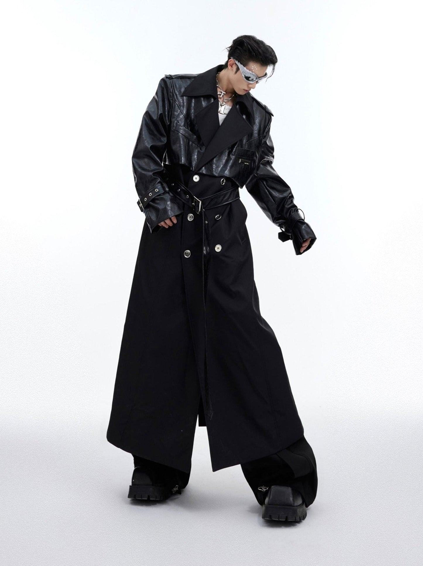 Deconstructed Faux Leather Overcoat | Designer Patchwork Trench