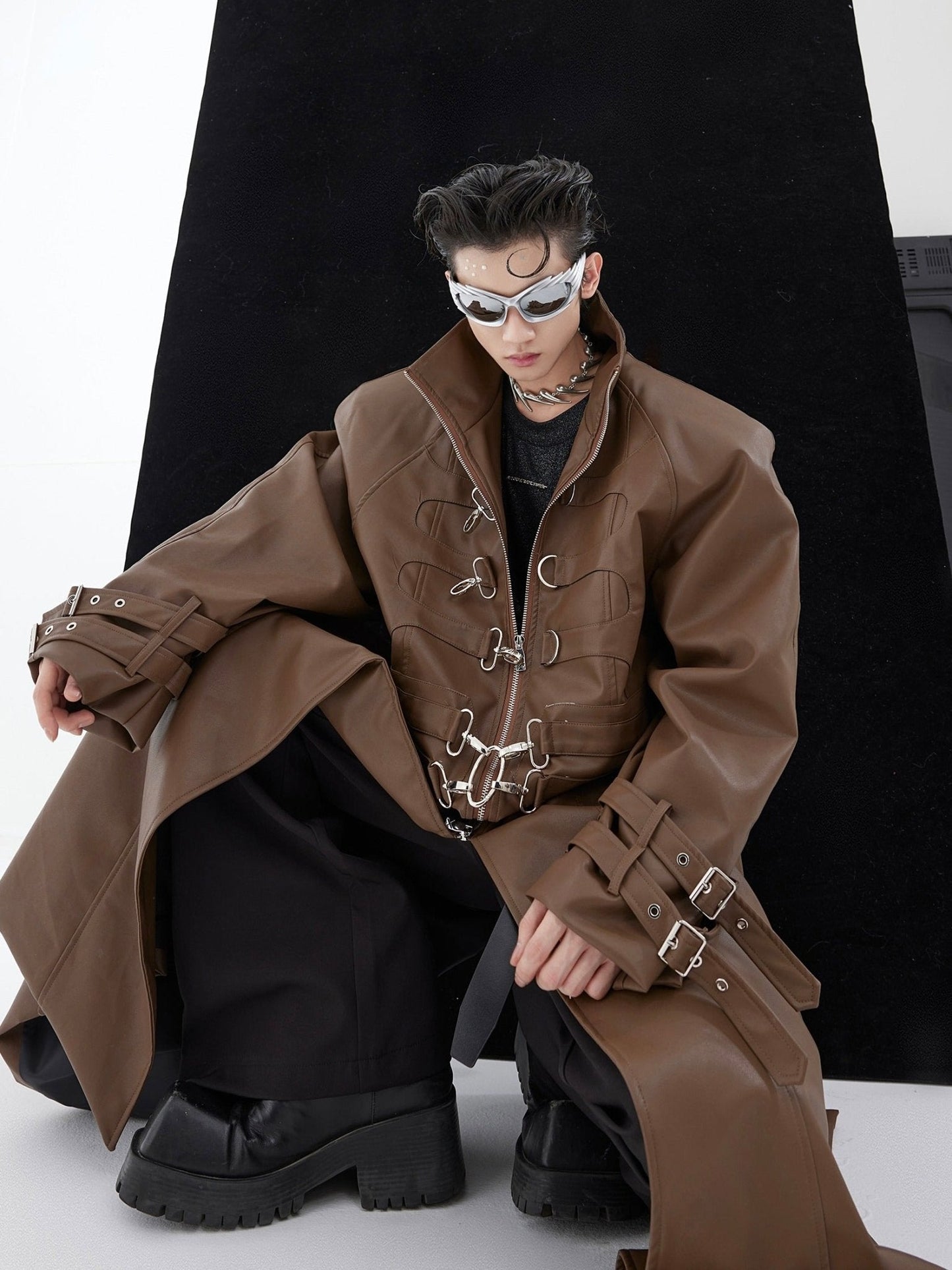 Deconstructed Faux Leather Overcoat | Split-Fold Loose Trench Outwear