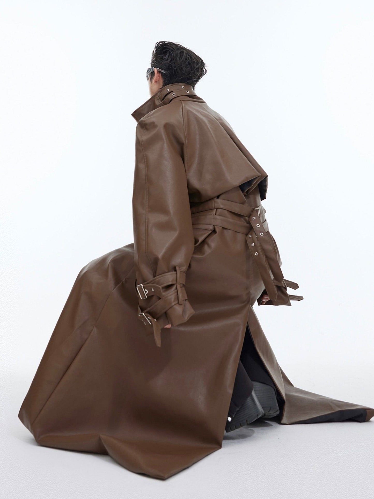 Deconstructed Faux Leather Overcoat | Split-Fold Loose Trench Outwear