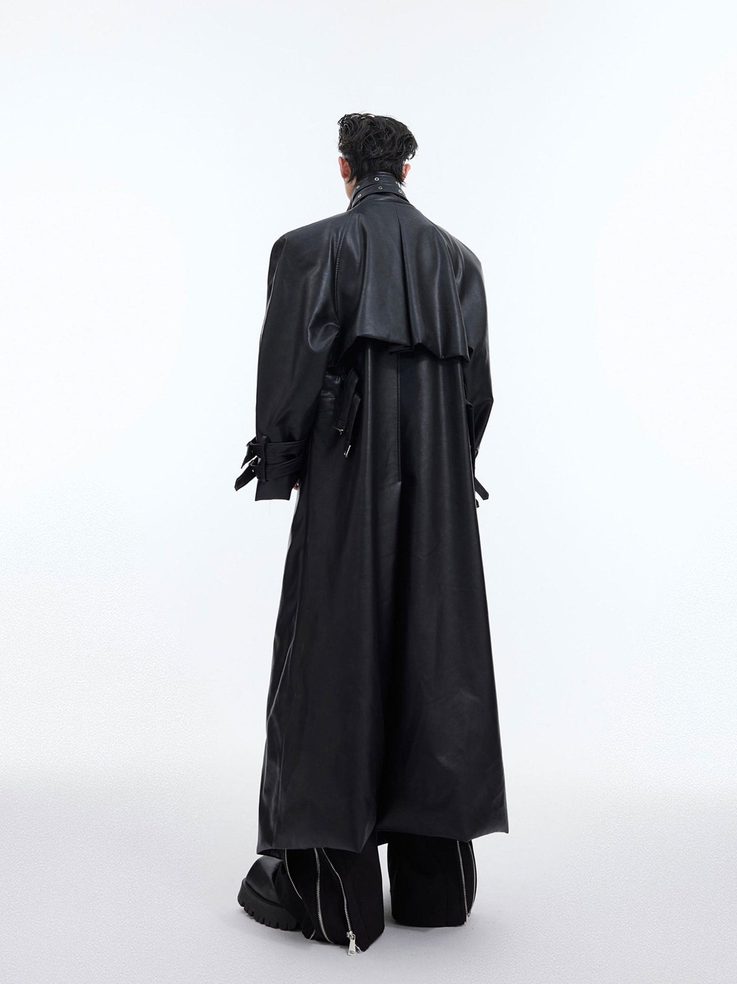 Deconstructed Faux Leather Overcoat | Split-Fold Loose Trench Outwear