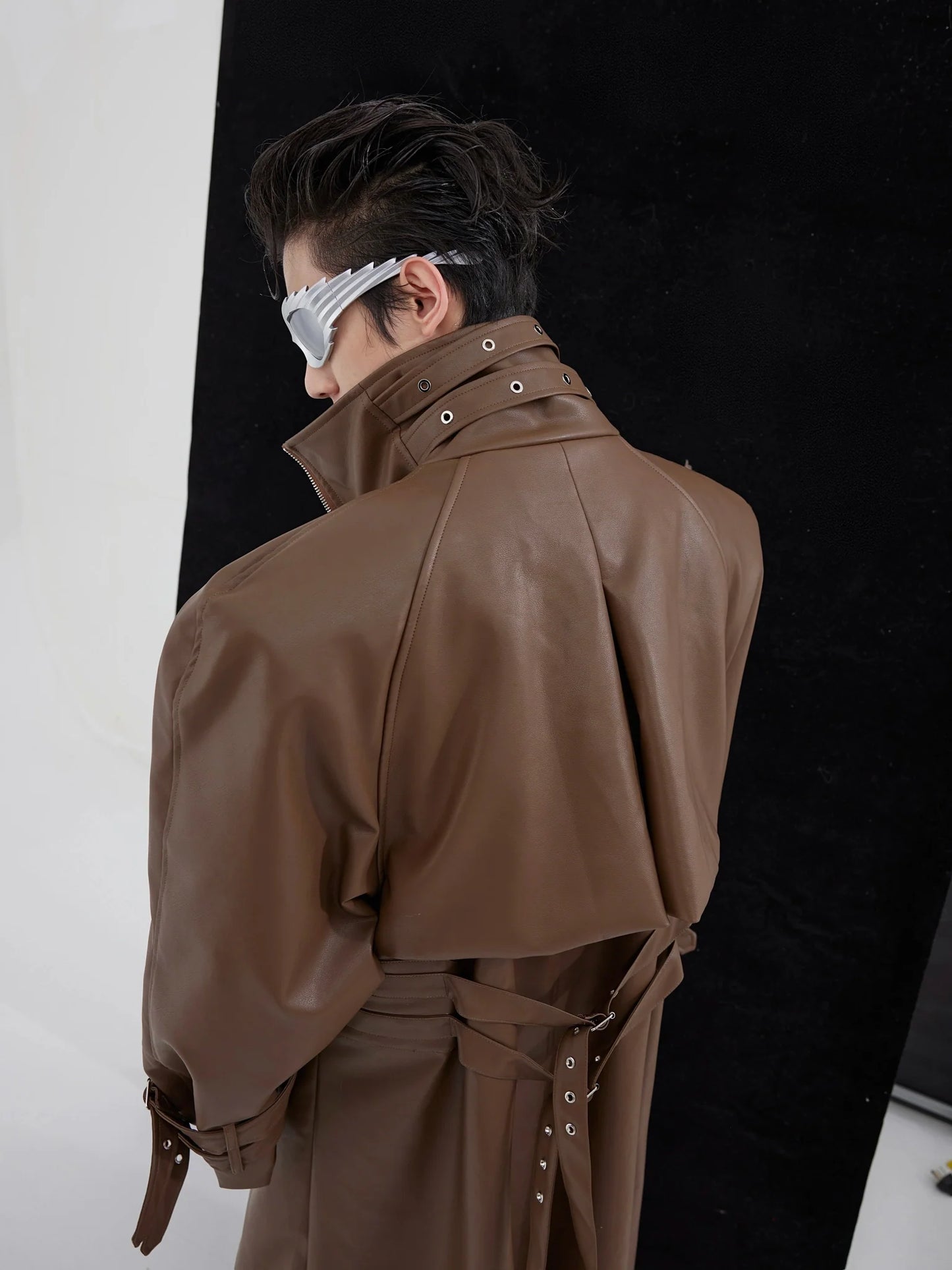 Deconstructed Faux Leather Overcoat | Split-Fold Loose Trench Outwear