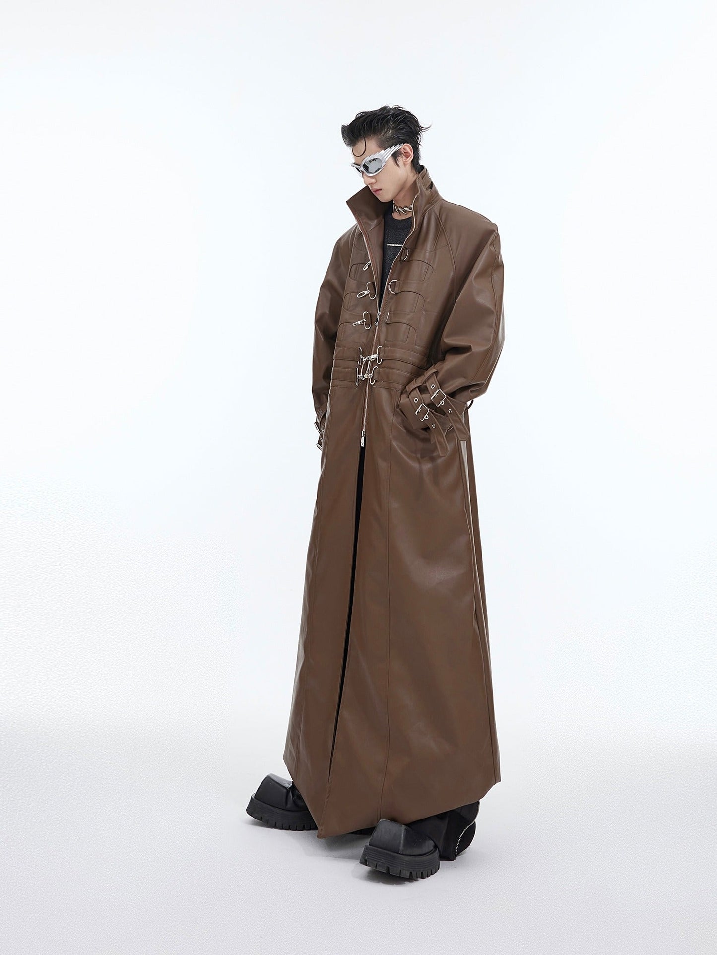 Deconstructed Faux Leather Overcoat | Split-Fold Loose Trench Outwear