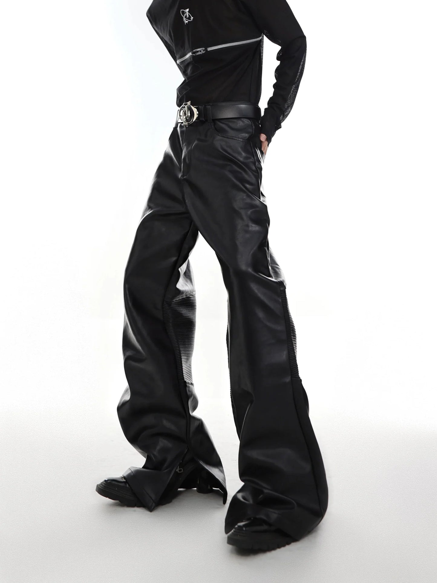 Deconstructed Flared Faux Leather Pants | Ribbed Split Detail Trousers