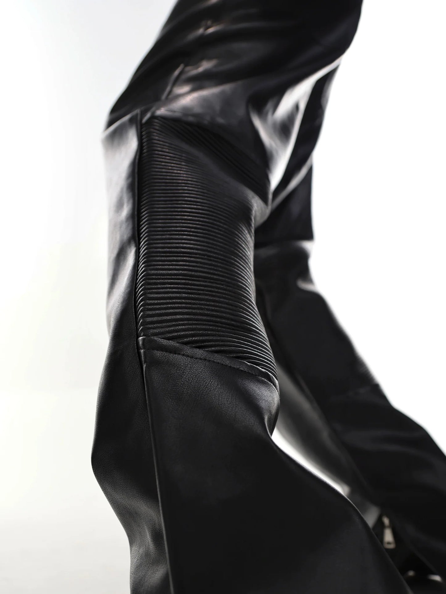 Deconstructed Flared Faux Leather Pants | Ribbed Split Detail Trousers