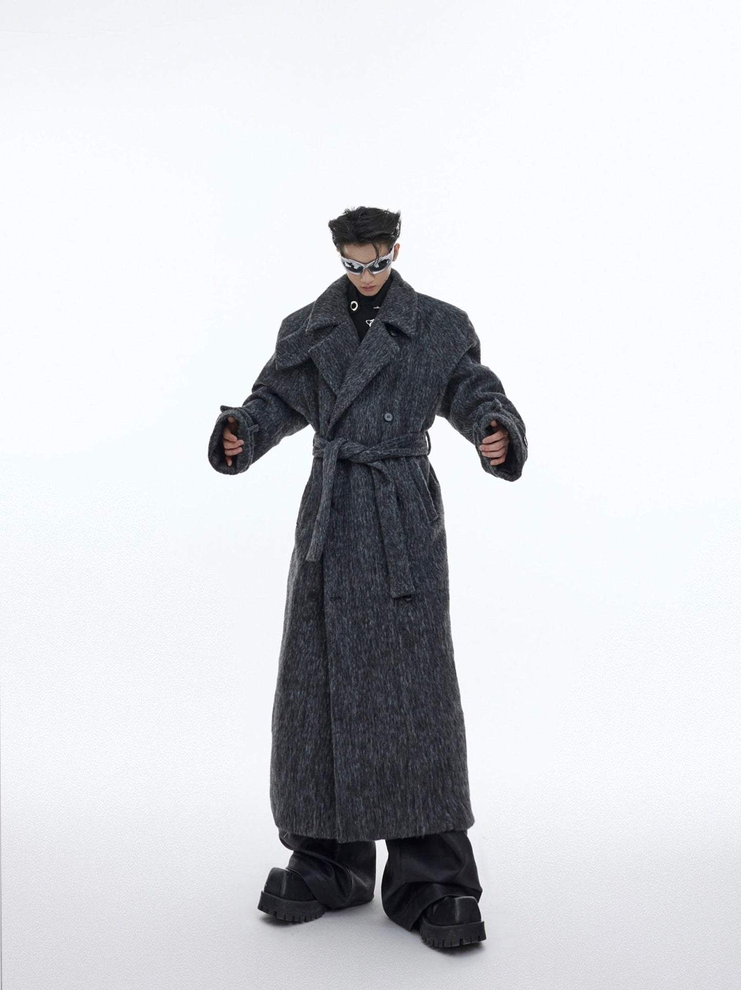 Deconstructed Layered Wool Coat | Belted Designer Longline Overcoat