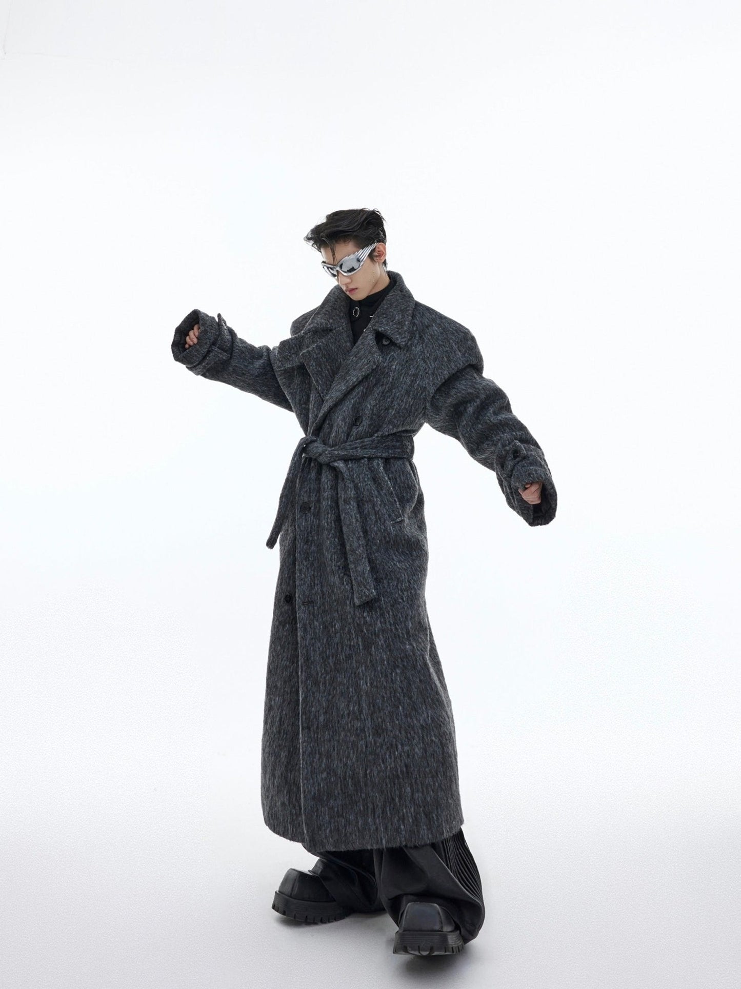 Deconstructed Layered Wool Coat | Belted Designer Longline Overcoat