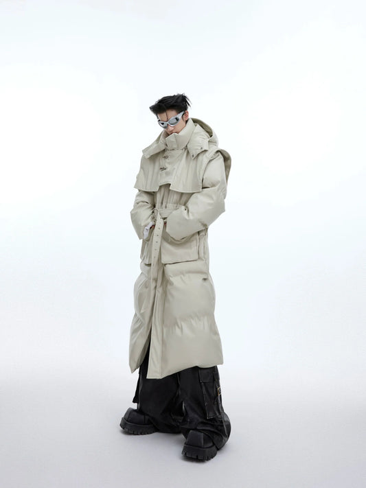 Deconstructed Longline Hooded Puffer | Designer Thick Leather Overcoat