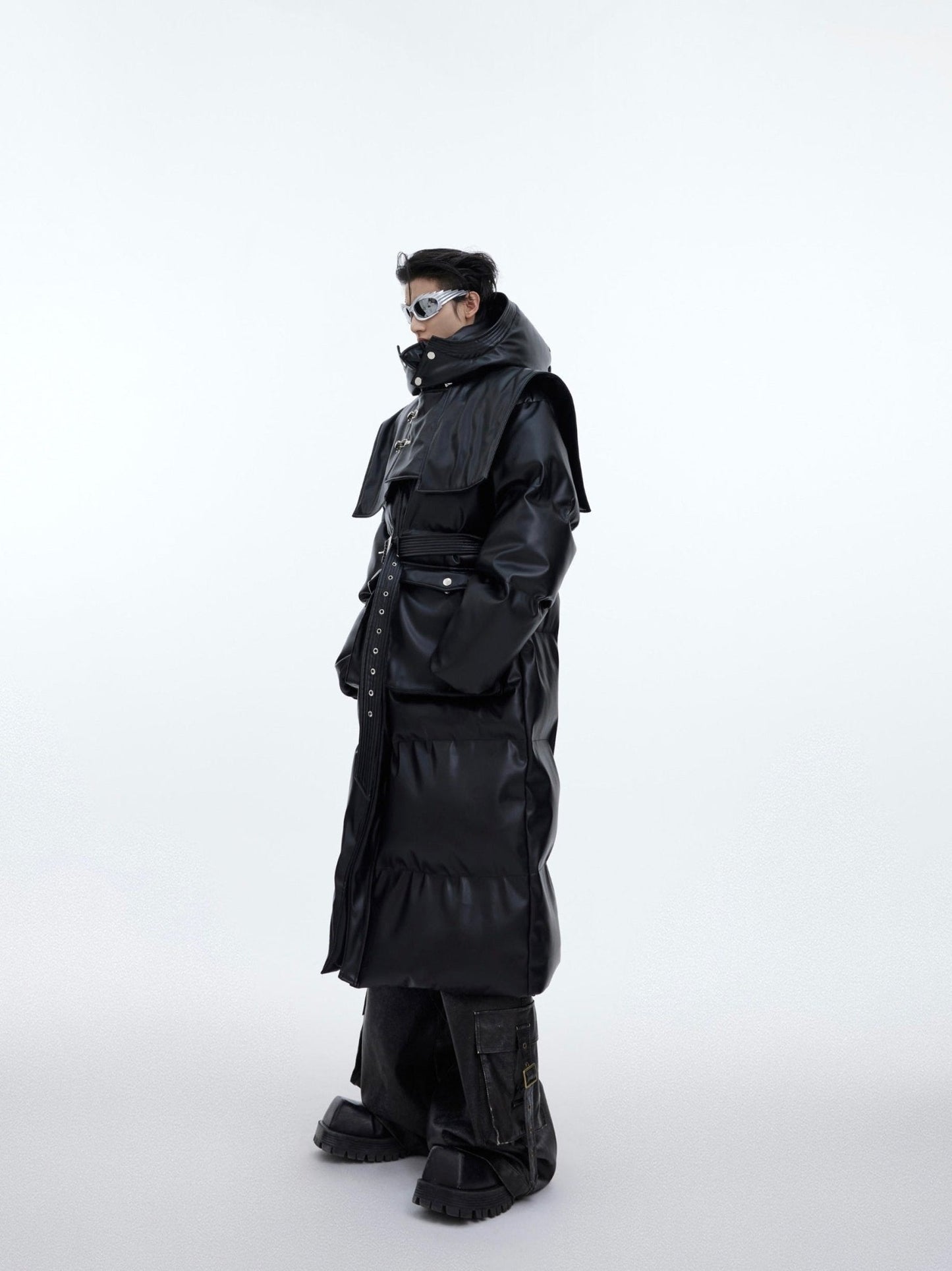 Deconstructed Longline Hooded Puffer | Designer Thick Leather Overcoat