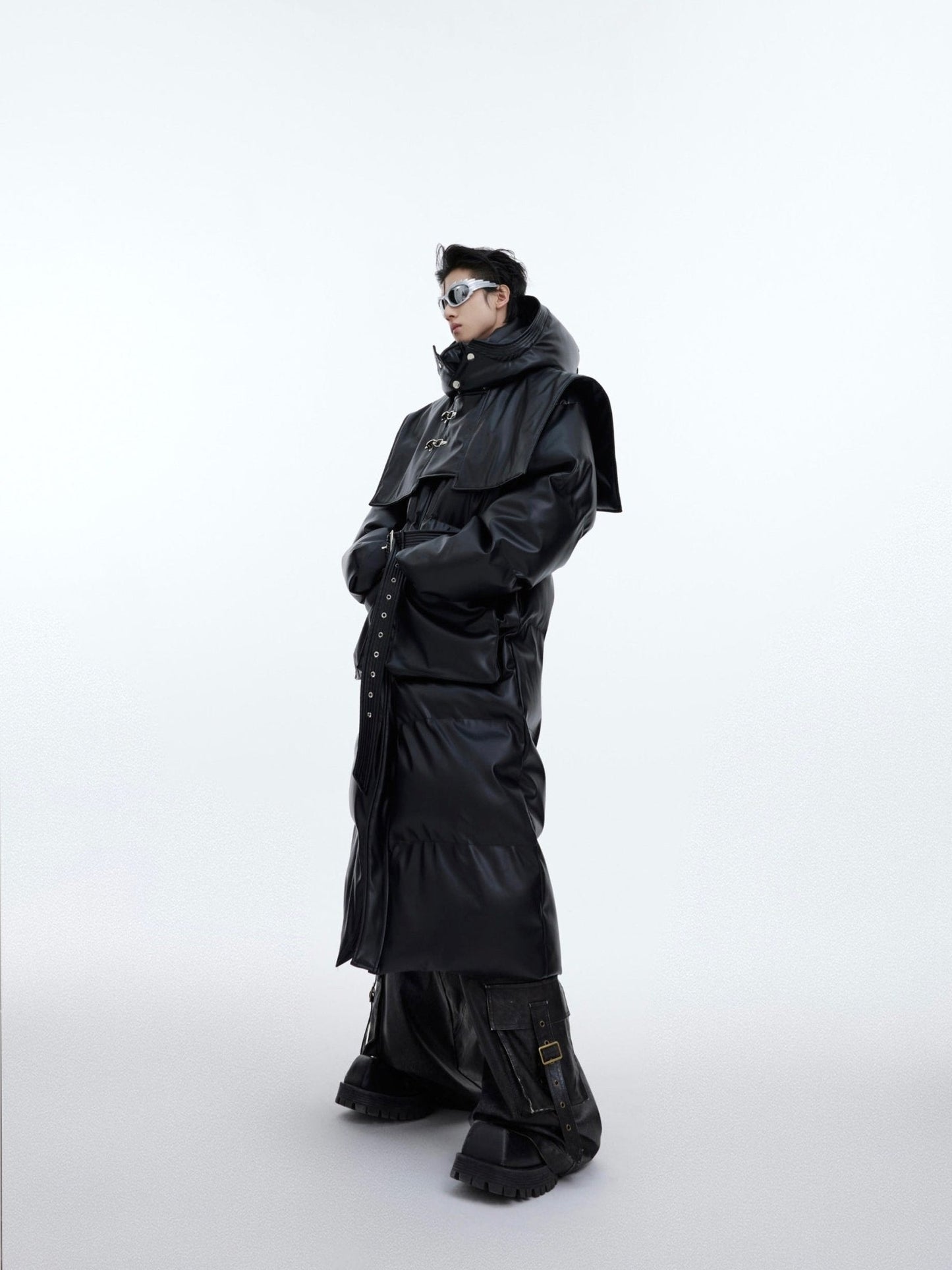 Deconstructed Longline Hooded Puffer | Designer Thick Leather Overcoat