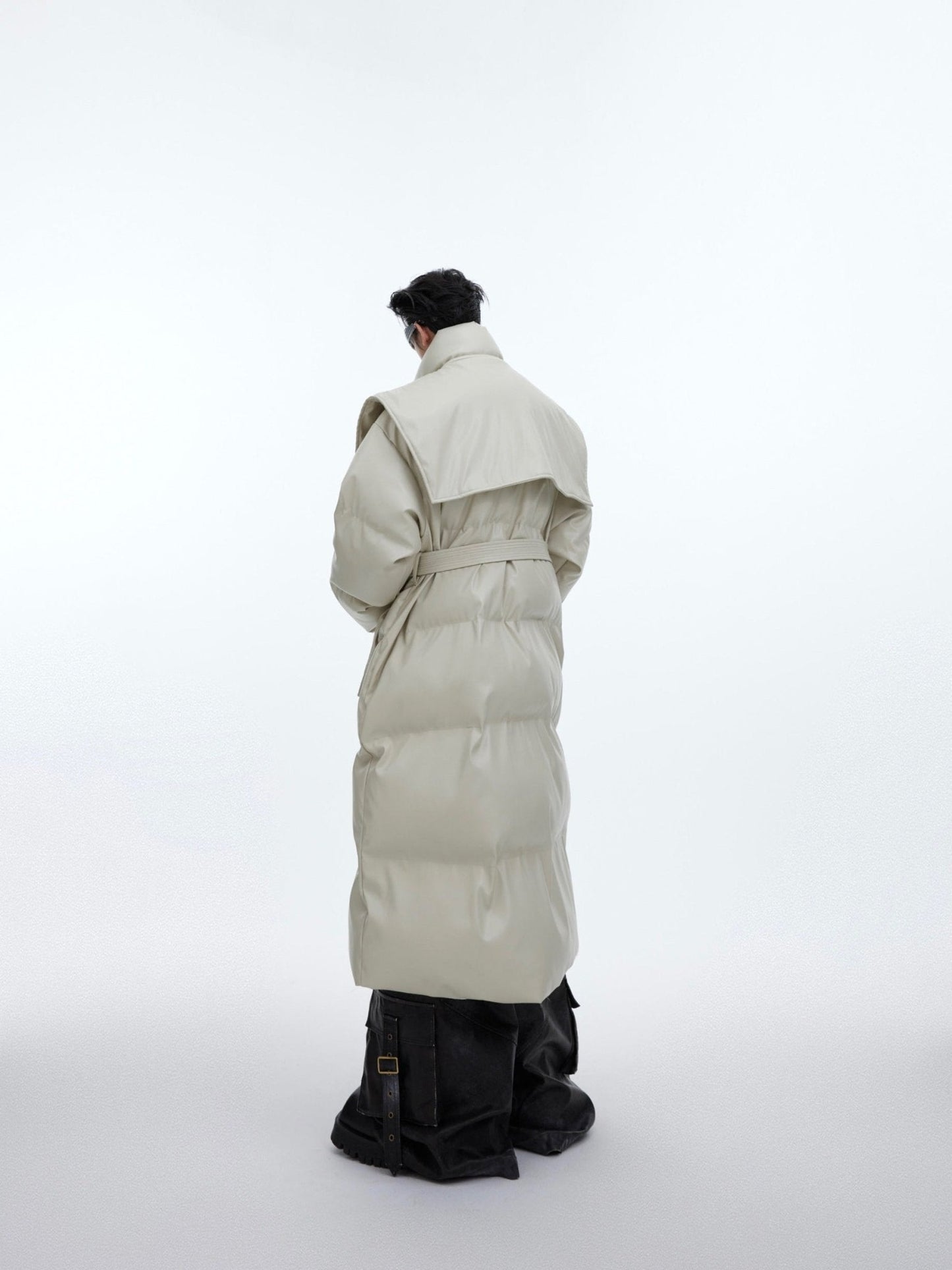 Deconstructed Longline Hooded Puffer | Designer Thick Leather Overcoat