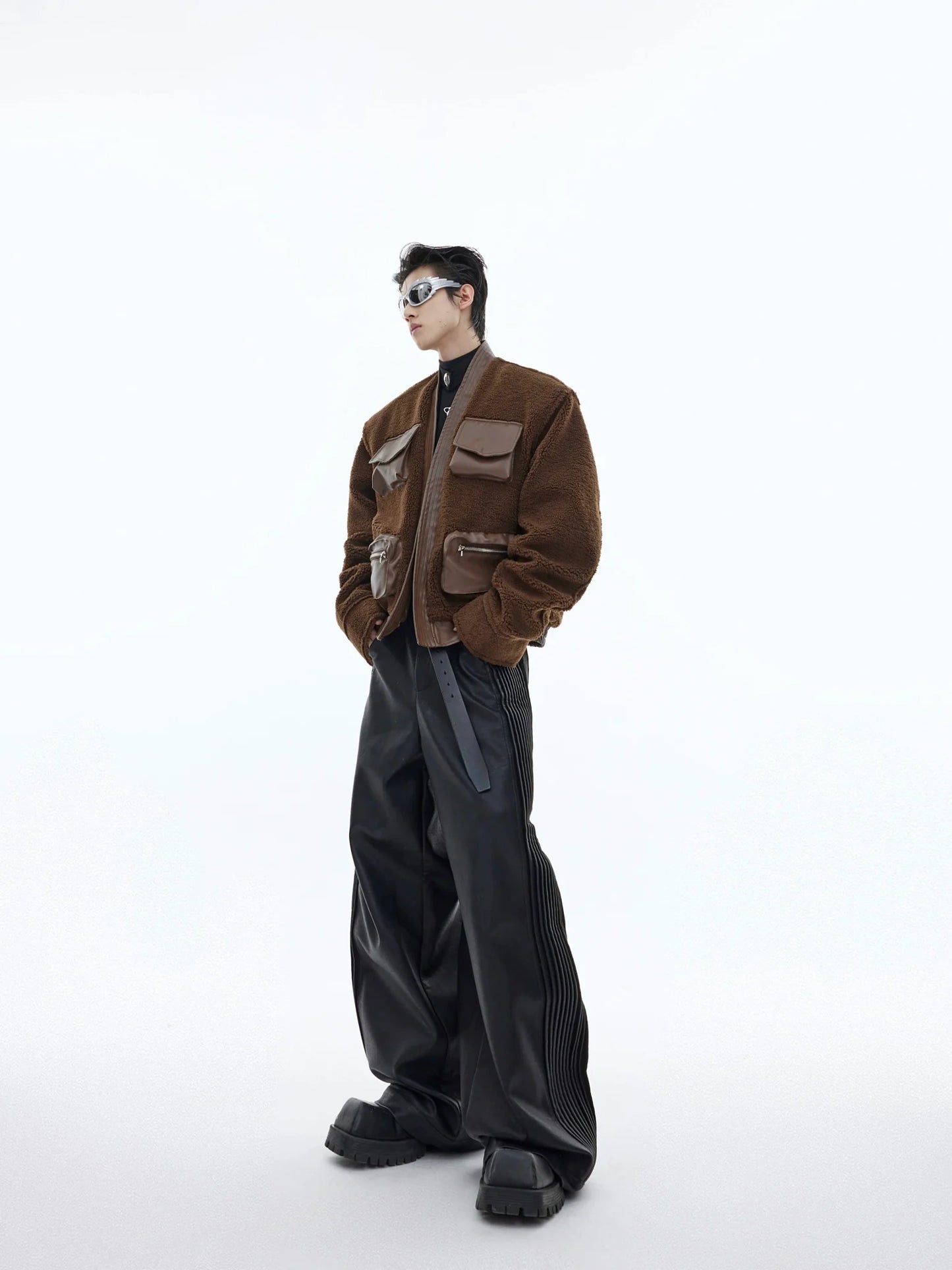 Deconstructed Retro Sherpa Jacket | Chinese Collar Woolen Cardigan with 3D Pockets